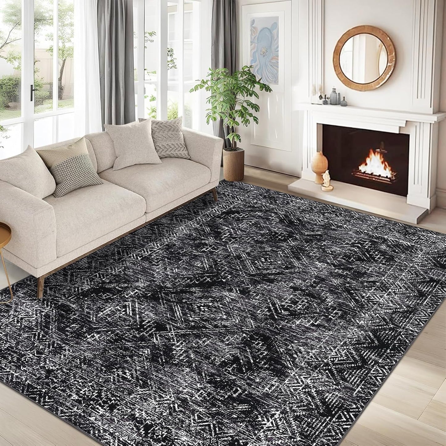 COZYLOOM Black Rug for Living Room 8x10 Washable Area Rugs Modern Abstract Floor Cover Non Slip Stain Resistant Geometric Mats Soft Throw Carpet for Nursery Bedroom Dining Room