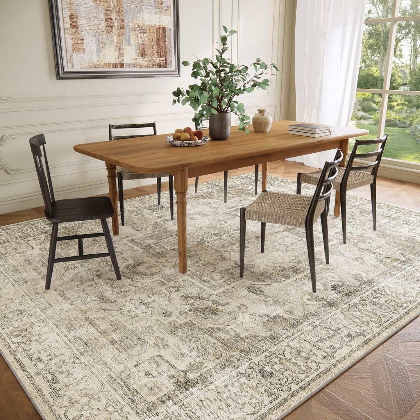 Washable Area Rugs for Living Room: 10x14 Bedroom Area Rugs Boho Vintage Rugs Stain Resistant Non Slip Low Pile Soft Lightweight Carpet for Kitchen Dining Room Farmhouse Nursery Kids Room Home Office