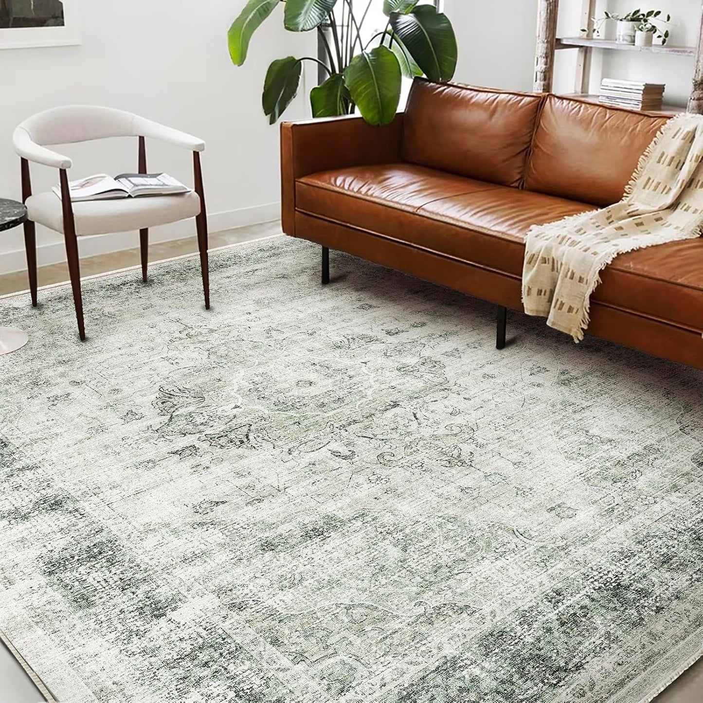 Washable Area Rug 10'x14' Floral Green Boho Design Non-Shedding Easy Care Ideal for High Traffic Areas in Living Room Bedroom Office Coffee Table Kitchen Large Carpet