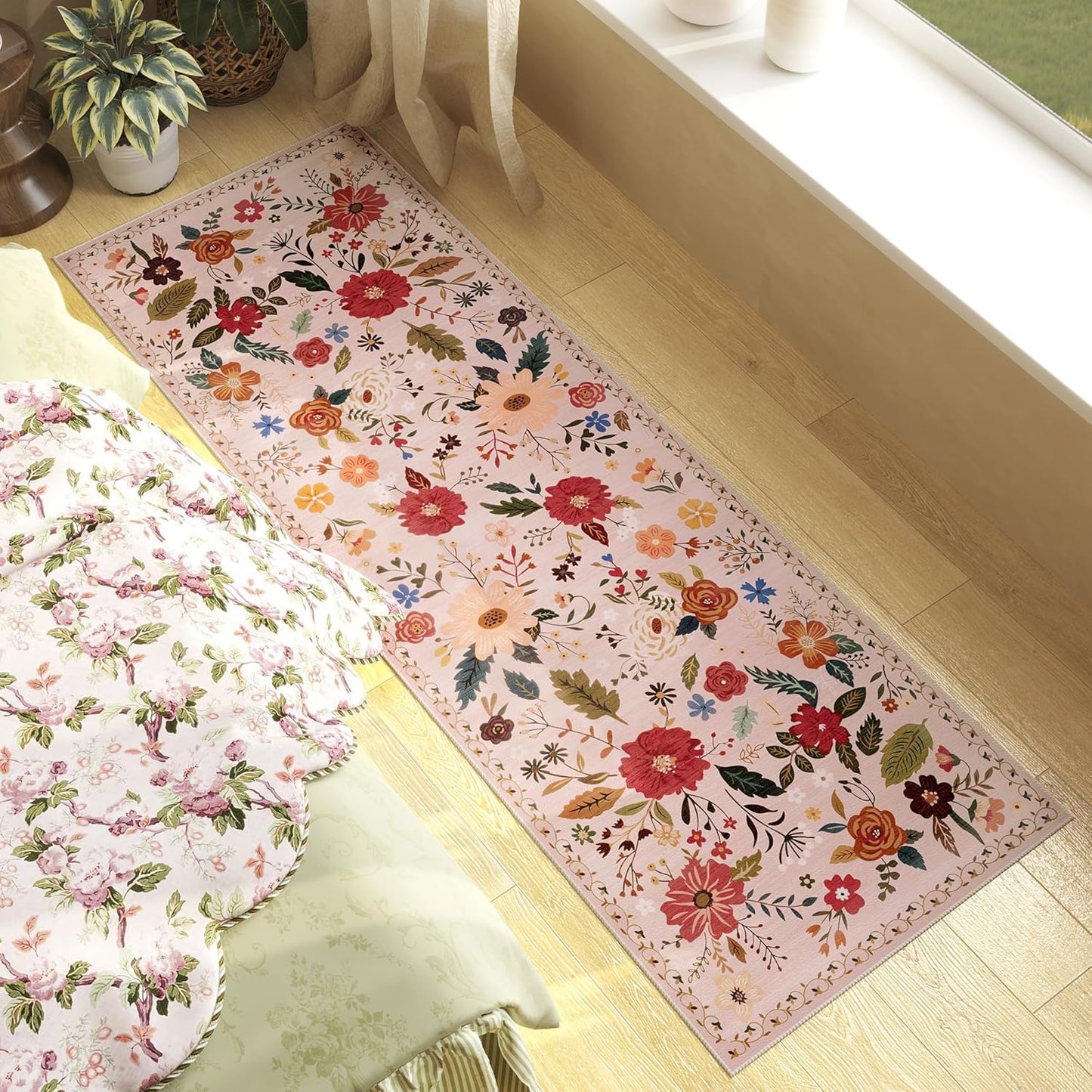 Rug Runners 2x6, Floral Washable Kitchen Rugs for Hallways Area Rugs, Non Slip Long Rug Low Pile Doormat Flower Carpet for Kitchen, Entryway Indoor, Bedroom, Bathroom, Laundry, Pink/Beige