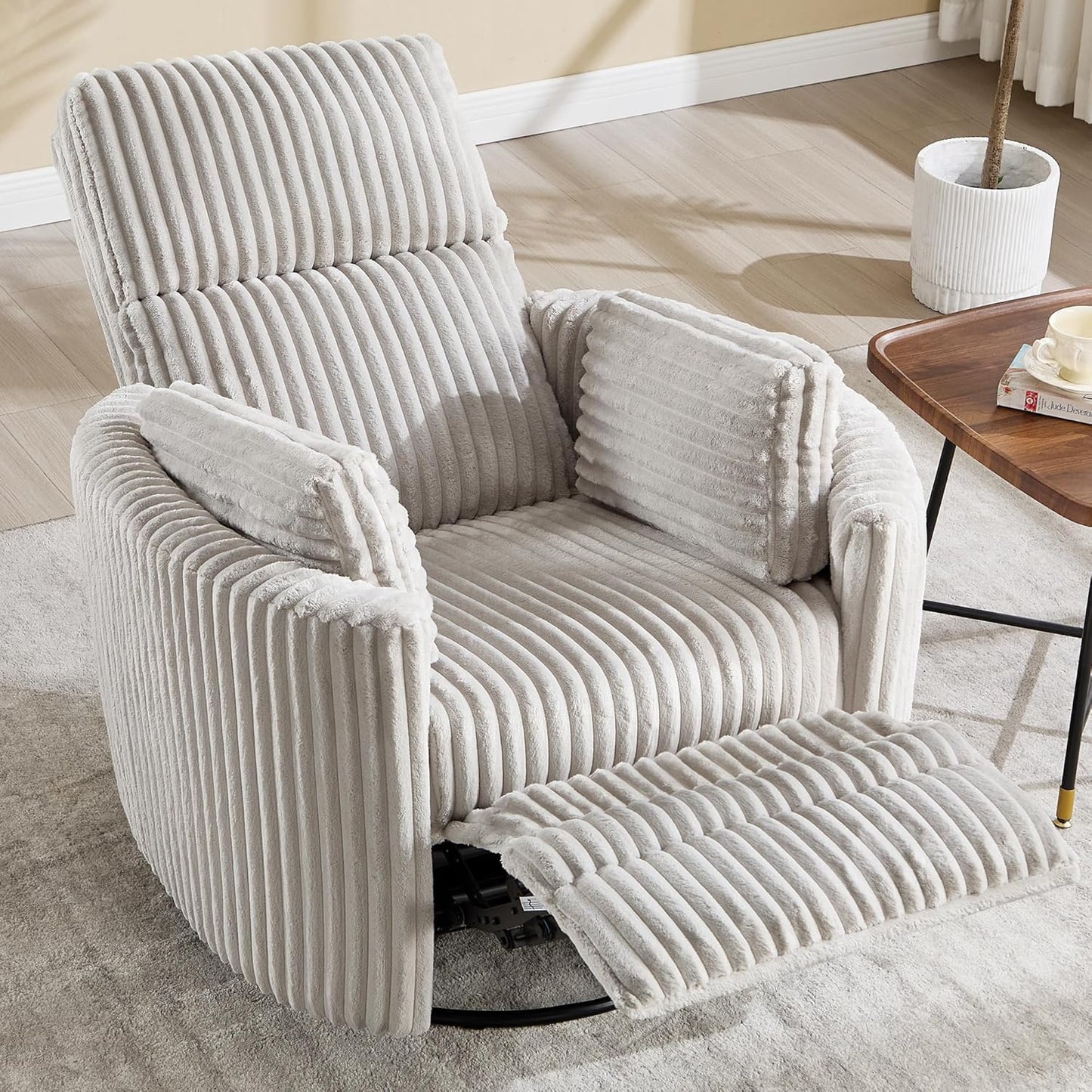 Recliner 360°Swivel Glider Rocking Manual Multifunction with Upholstered Nursery Adult Recliner Rocking Chair with 2 Pillows for Living Room Bedroom(LIGHTGREY Corduroy, Manual Operation)