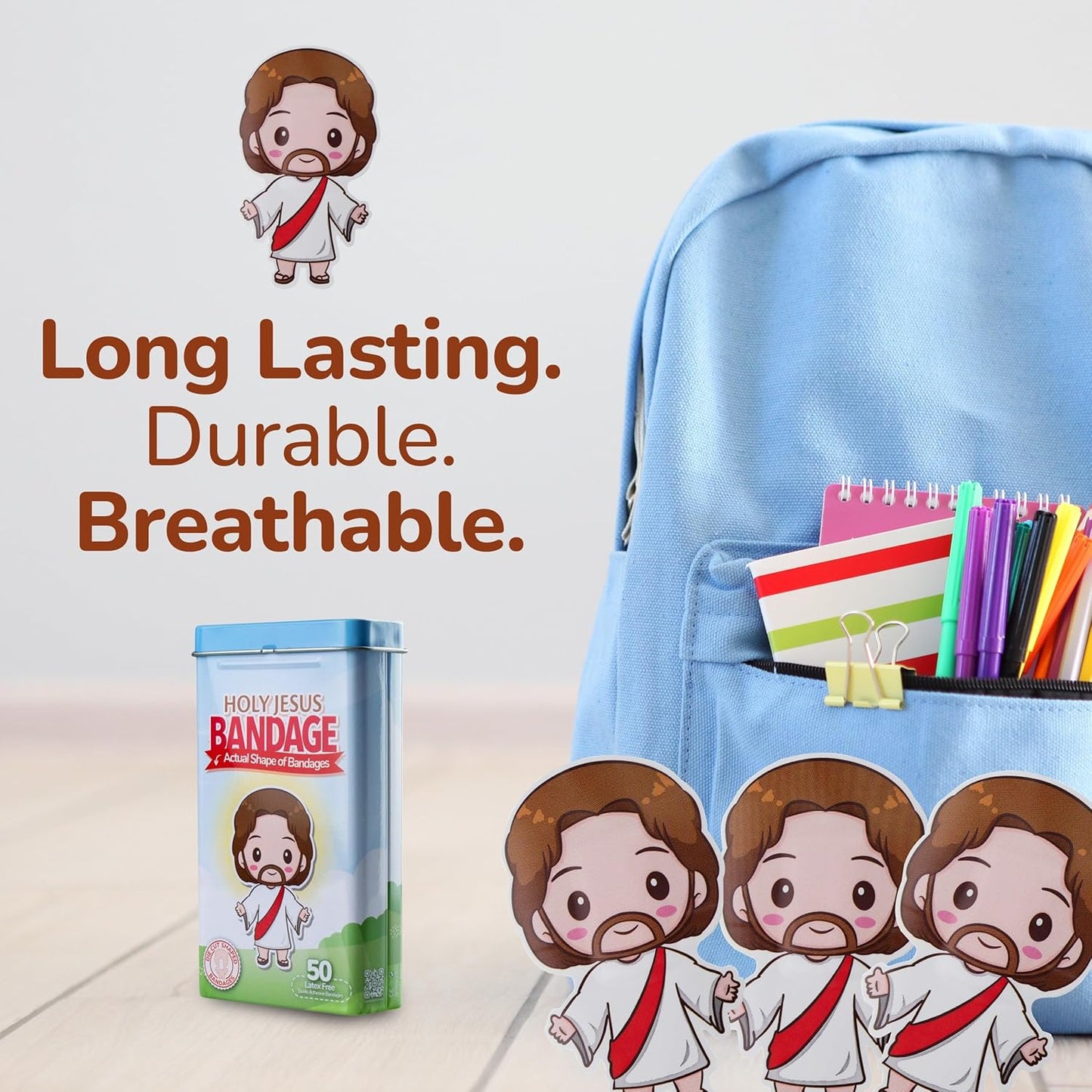 BioSwiss Bandages, Holy Jesus Shaped Self Adhesive Bandage, Latex Free Sterile Wound Care, Fun First Aid Kit Supplies for Kids and Adults, 50 Count