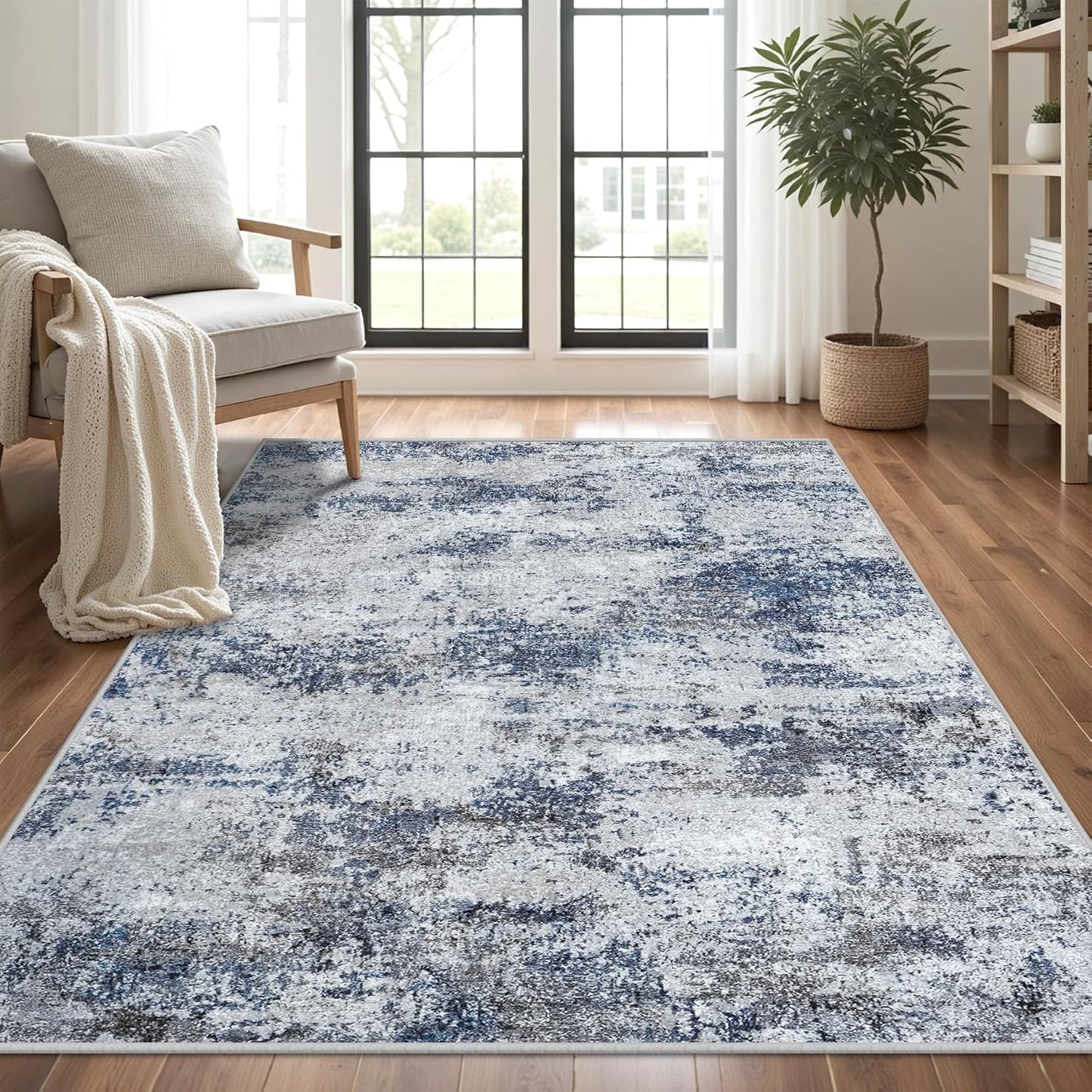 Washable Rug 6x9 Area Rugs: Abstract Washable Rugs with Non-Slip Backing, Stain Resistant Indoor Floor Carpet for Bedroom Dining Room Table Nursery Hallway Home Office Blue/Gray/Black