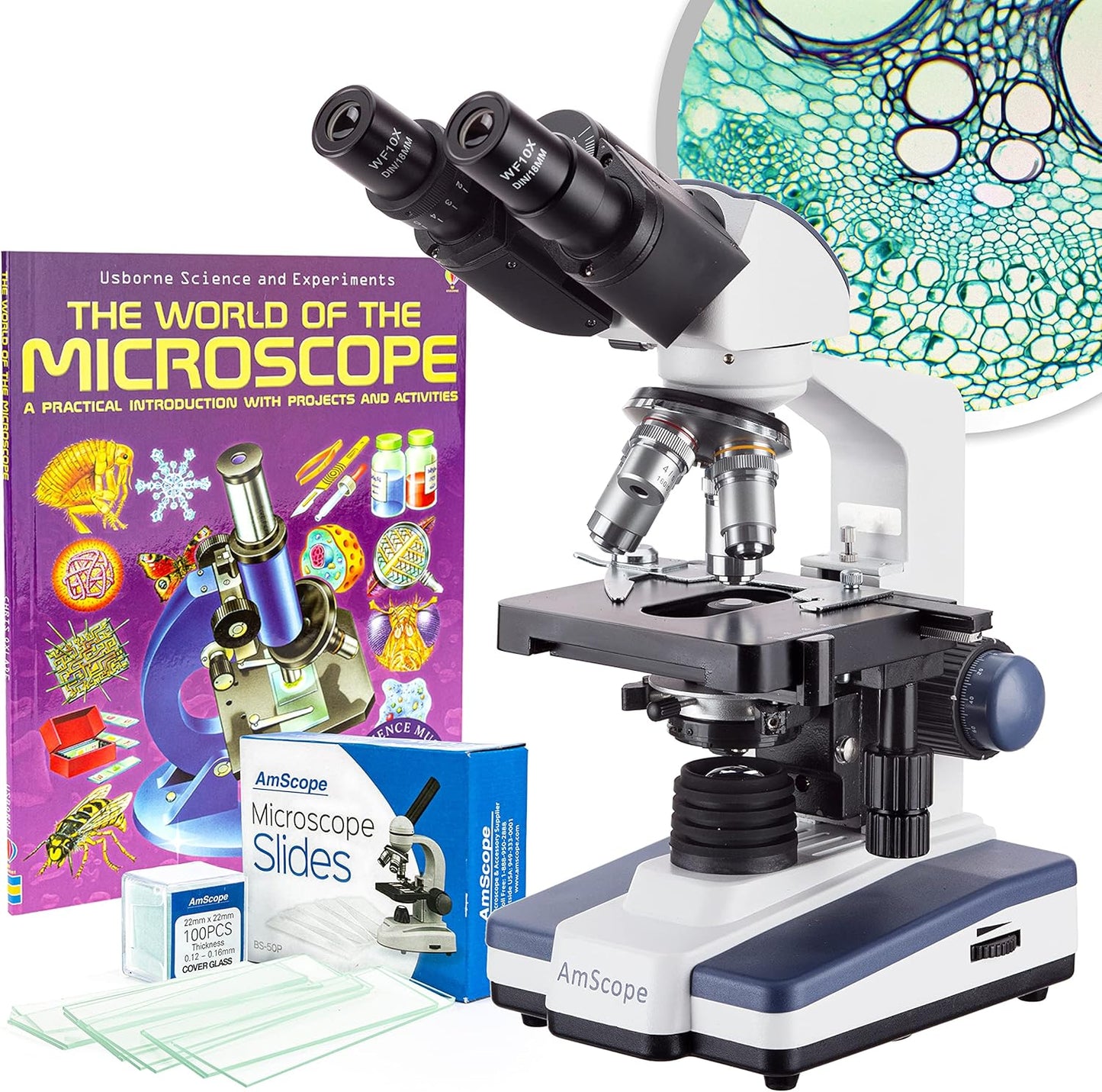AmScope B120C-BK-BS 40X-2500X LED Lab Binocular Compound Microscope with Double Layer Mechanical Stage + Book + 100 Coverslips & 50 Blank Slides