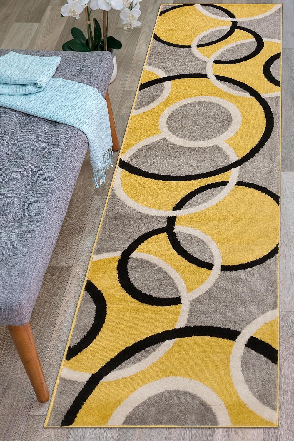 Rugshop Contemporary Abstract Circles Easy Maintenance for Home Office,Living Room,Bedroom,Kitchen Soft Runner Rug 2' x 7' 2" Yellow