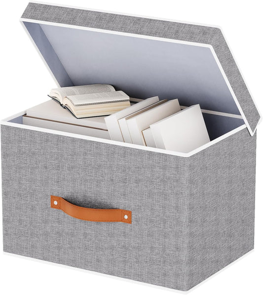 Collapsible Storage Bins with Lids, 1 Pack Linen Foldable Cloth Baskets, 15 x 9.8 x 9.8 Inch Closet Organizer Containers with Double Handles, Sweater Boxes for Bedroom, Grey