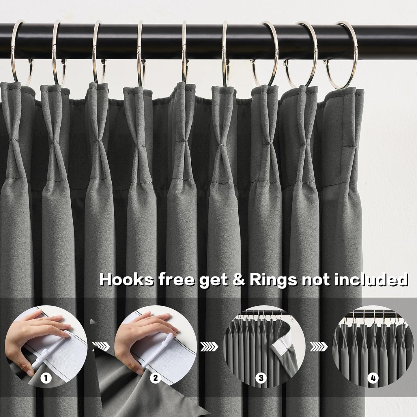 Grey Blackout Curtains 95 Inches Long 2 Panels Set, 60 Inch Wide Pinch Pleated Curtain with Hooks,Thermal Insulated Room Darkening Vertical Window Treatments for Living Room Bedroom 60 x 95