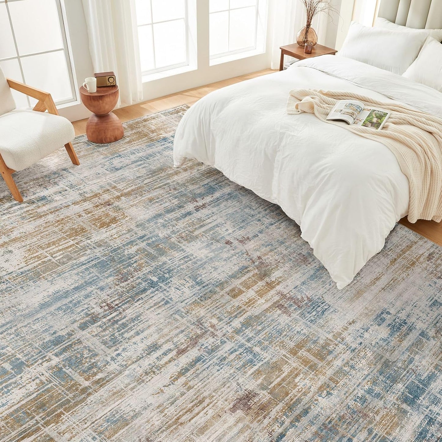 Area Rug for Living Room: 10x12 Washable Neutral Abstract Modern Soft Rugs Non Slip Indoor Floor Stain Resistant Large Carpet for Bedroom Dining Room Office Nursery - Blue Brown