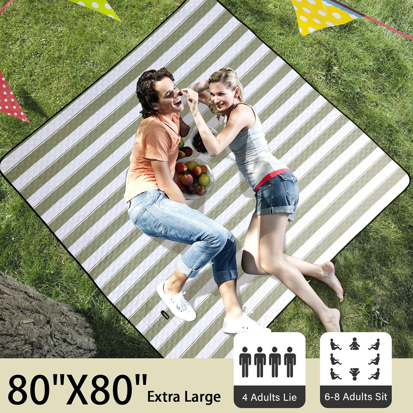 HX&OD Outdoor Picnic Blanket Extra Large, 80”x80” Waterproof Picnic Mat Foldable Camping Blanket Portable with Carry Strap for Beach Mat (Green)