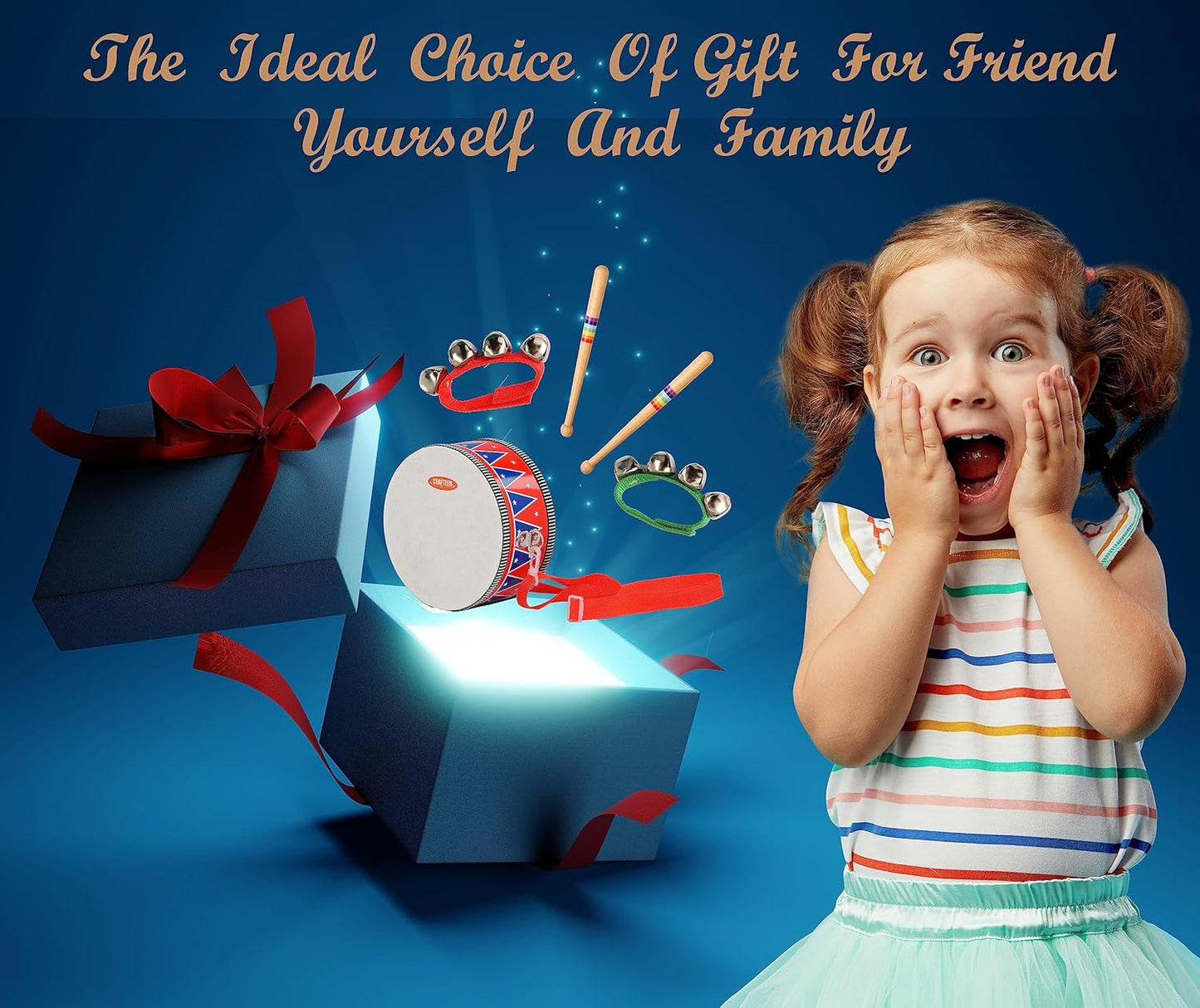 Wooden Kids Drum Set for Toddlers - Baby Musical Toy w/Wrist Bells, Drum Sticks & Fun Drum Instrument for Boys & Girls - Educational Christmas Birthday Gift.