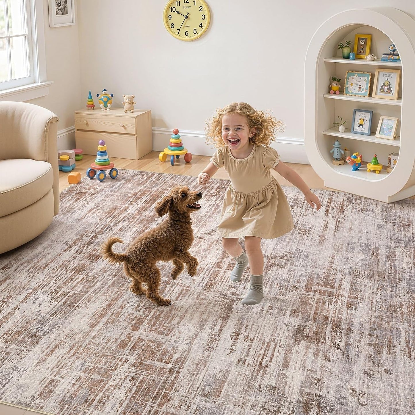 Area Rug for Living Room: 8x10 Washable Neutral Abstract Modern Soft Rugs Non Slip Indoor Floor Stain Resistant Large Carpet for Bedroom Dining Room Office Nursery - Red Brown