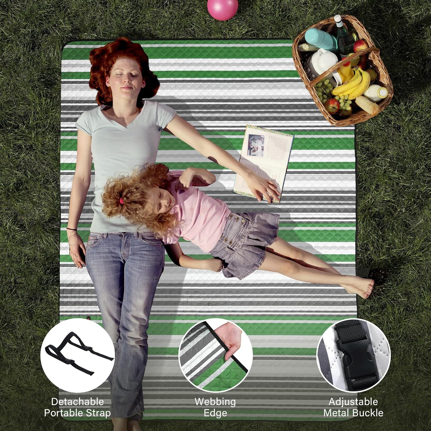 HX&OD Large Picnic Blanket Outdoor 80”x60” Waterproof Picnic Mat Foldable 3-Layer Camping Blanket Portable with Carry Strap Park Blanket for Grass(Green)