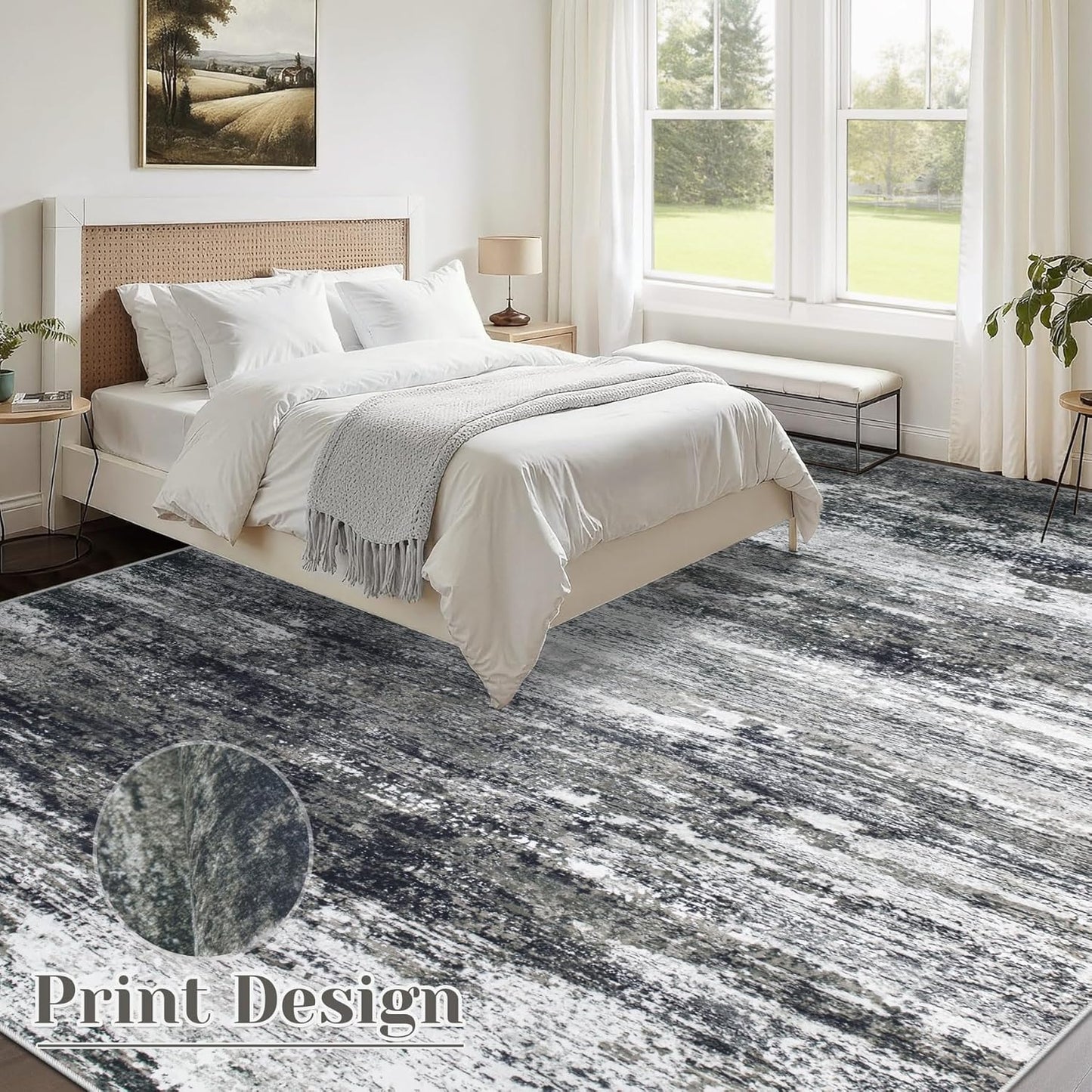 Washable Rug 9x12 Area Rugs for Living Room: Large Neutral Soft Rug Abstract Non Slip Low Pile Modern Carpet for Bedroom Kitchen Nursery Office Dining Room Indoor (Black, 9'x12')