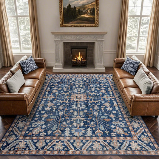 8x10 Area Rugs Washable: Oriental Soft Area Rug for Living Room Bedroom No Shedding - Low Pile Thin Carpet Rug for Dining Room Non Slip - Boho Vintage Rug for Home Decor - Navy Blue
