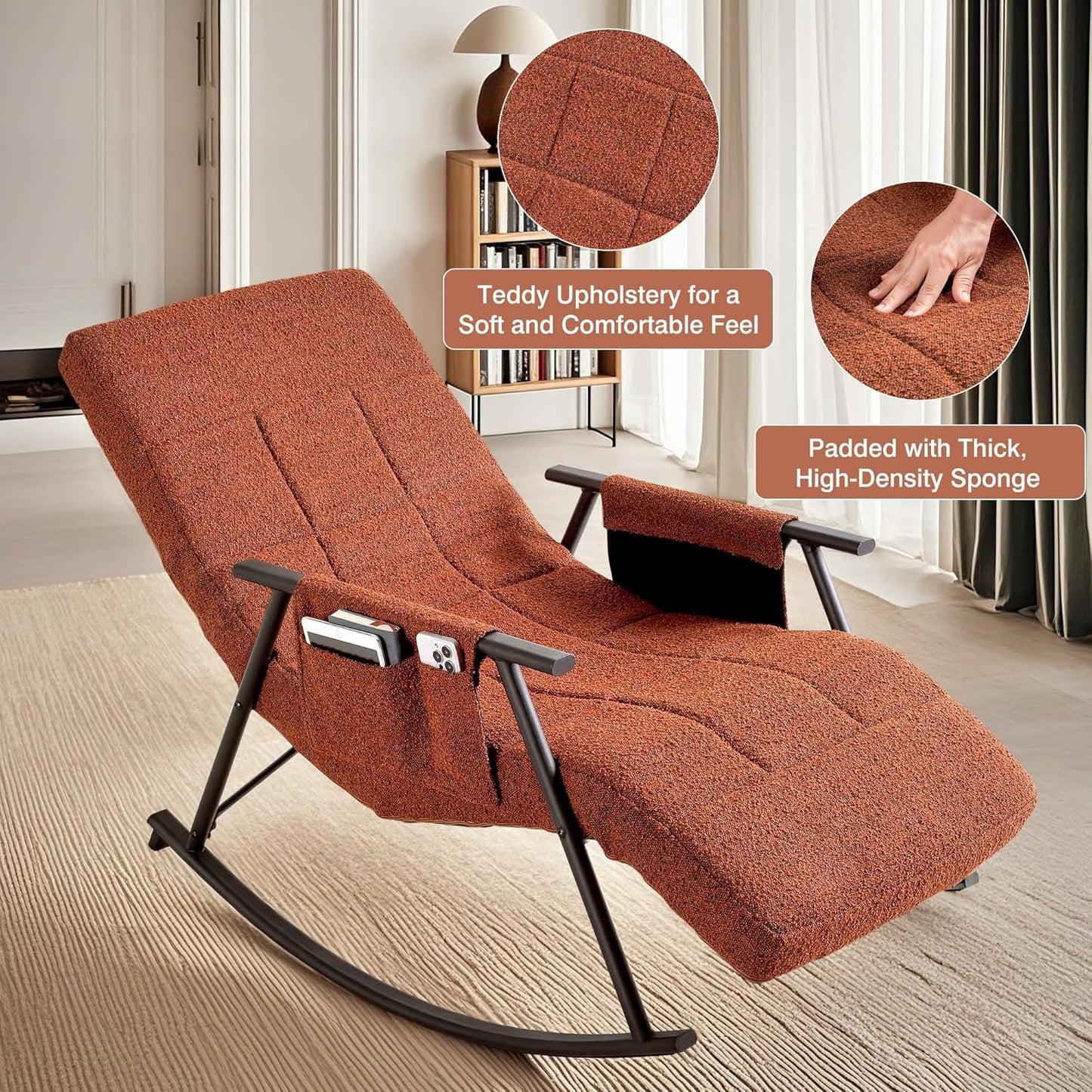 VECELO High Back Nursery Rocking Chair with Foot Rest, Teddy Upholstered Reclining Glider Rocker, Comfy Armchair Padded Seat Removable Side Pockets for Living Room, Bedroom, Balcony