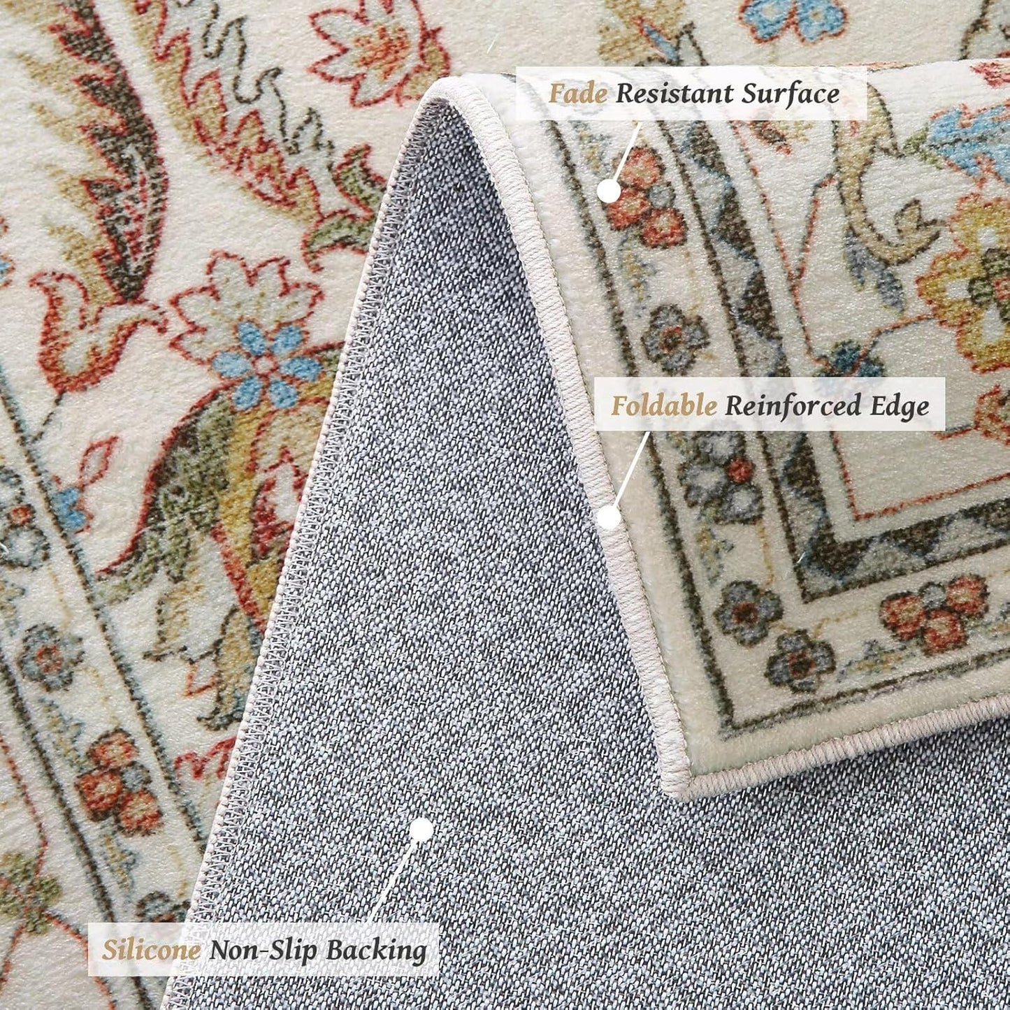 Washable 9x12 Area Rugs for Living Room, Boho Non-Slip Silicone Backing Rugs for Bedroom Dining Room Nursery Office, 0.3" Neutral Oriental Throw Carpet with 0.16" Cushioning Pad, Light Beige/Multi