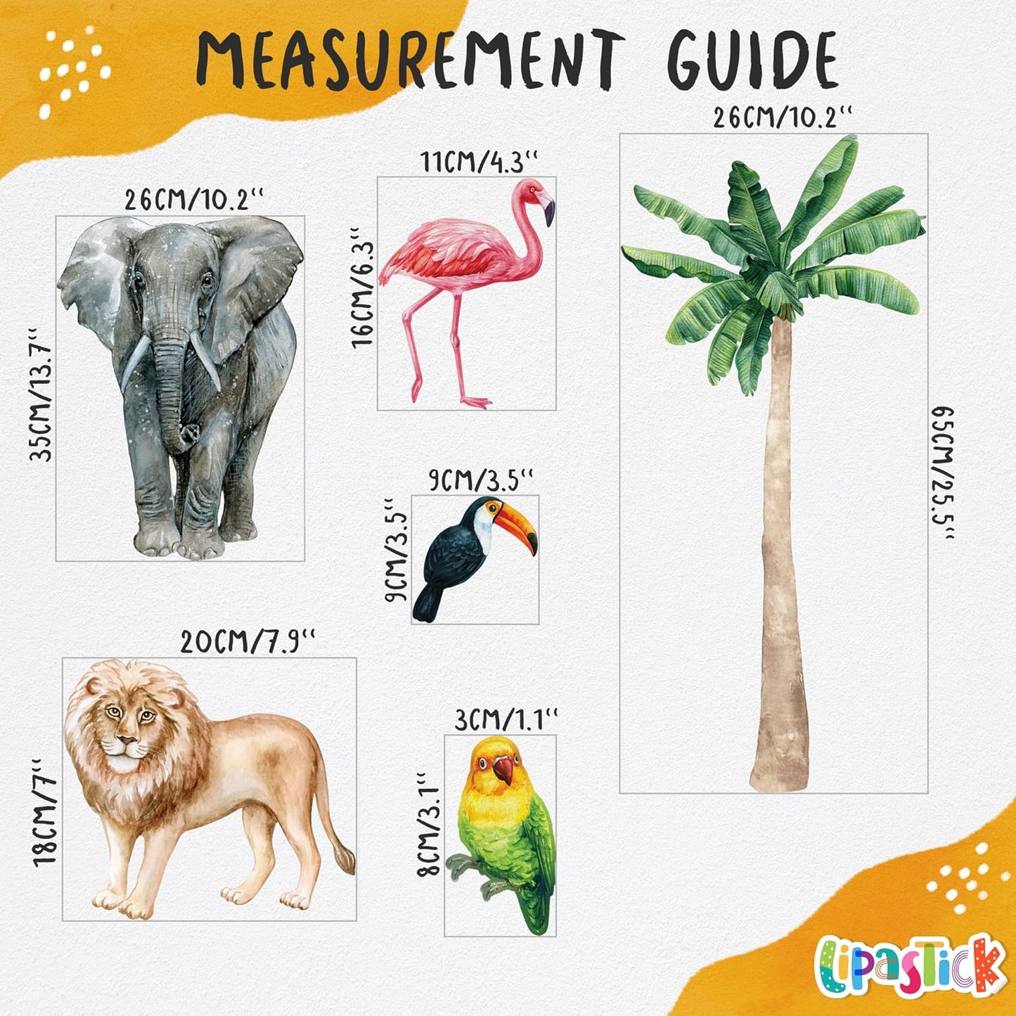 Safari Animal Wall Decals for Kids by Lipastick-Peel and Stick Jungle Stickers Giraffe, Elephant, Hippo, Palm Tree, Parrot for Toddlers Room, Nursery, Playroom, Classroom, Daycare Decor Art- M Size