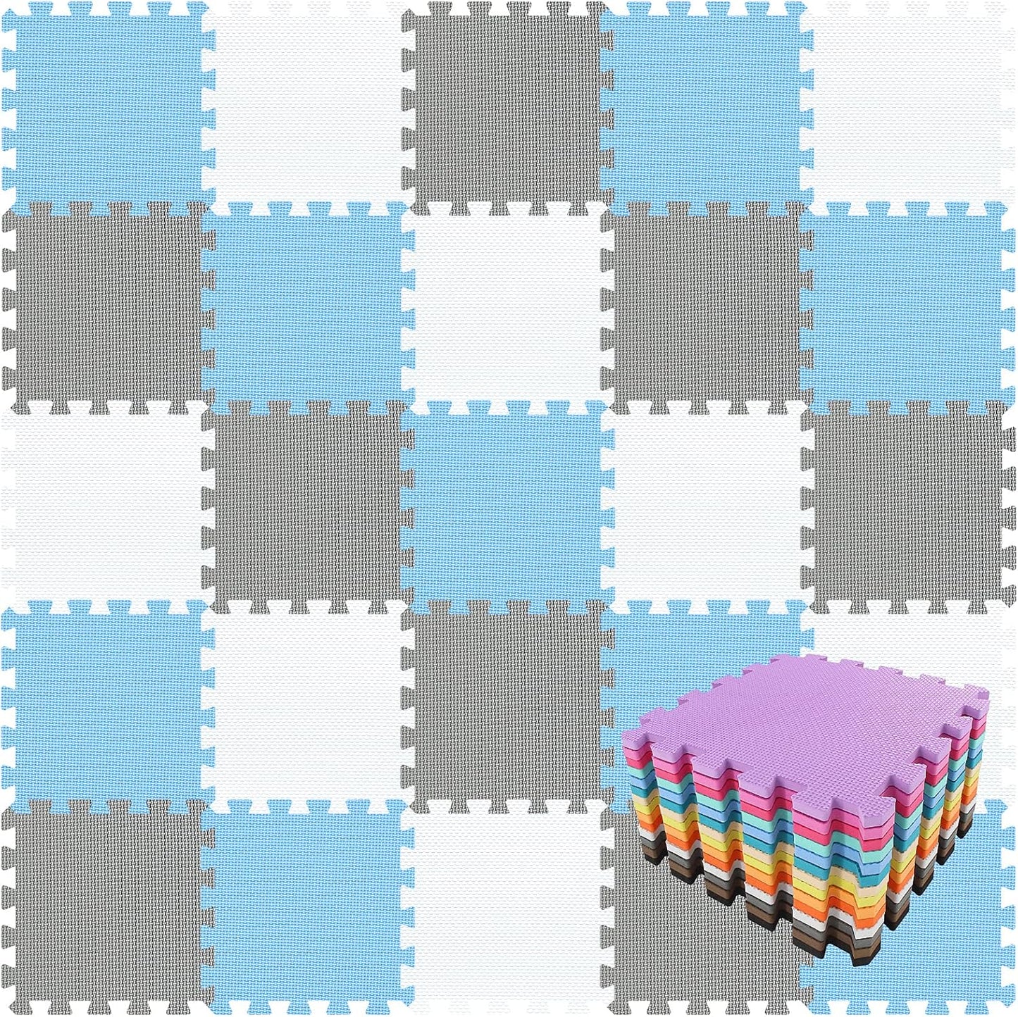 qqpp EVA Rubber 18 Tiles Interlocking Puzzle Foam Floor Mats - Baby Play Mat for Playing | Exercise Mat for Home Workout. White, Blue, Gray. QC-AGLb18N