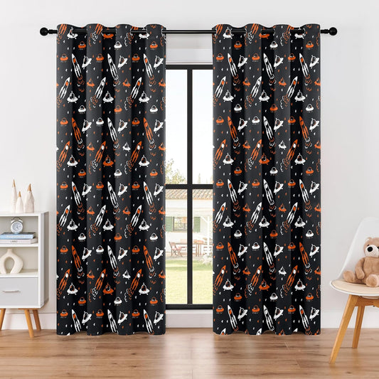 Kids Space Themed Blackout Curtains - 100% Blackout, Thermal Insulated, Noise Reducing, Perfect for Kids Room and Nursery, 2 Panels (Starlight Rocket Chase, W52×L84)