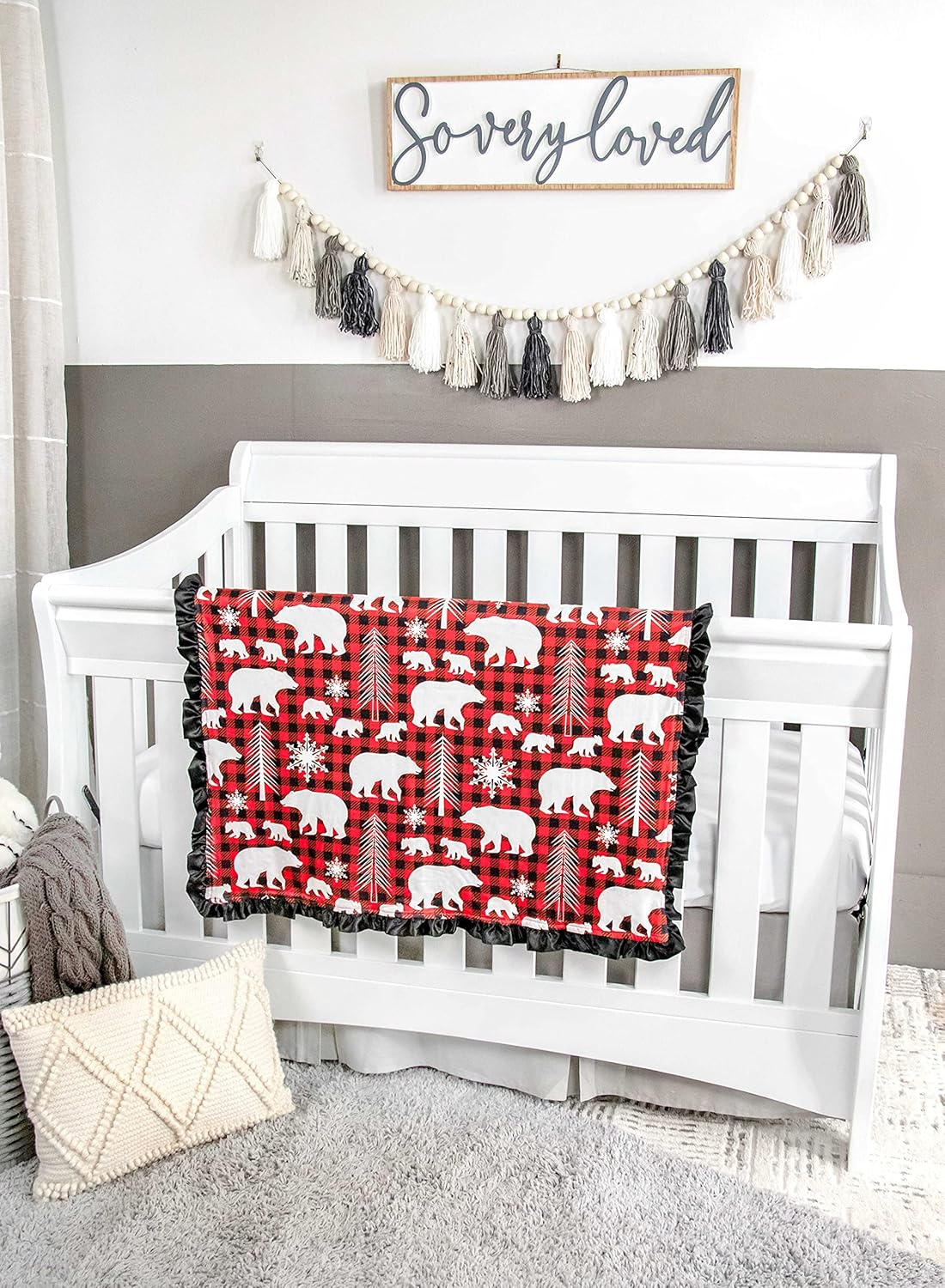 Top Tots Baby Blanket - Bear Cubs & Snowflakes with Minky Dot & Satin Ruffle, 31 x 31 Inch Red & Black Plaid