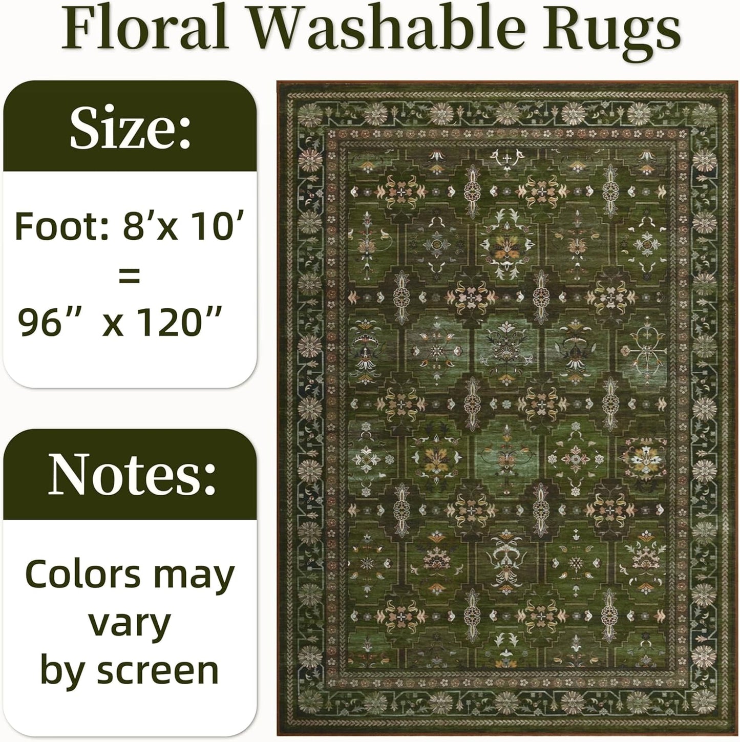 8x10 Washable Area Rug for Living Room, Non Slip Vintage Floral Print Rugs No Shedding, Distressed Thin Retro Accent Carpet for Bedroom Nursery Farmhouse Dining Room Dark Green