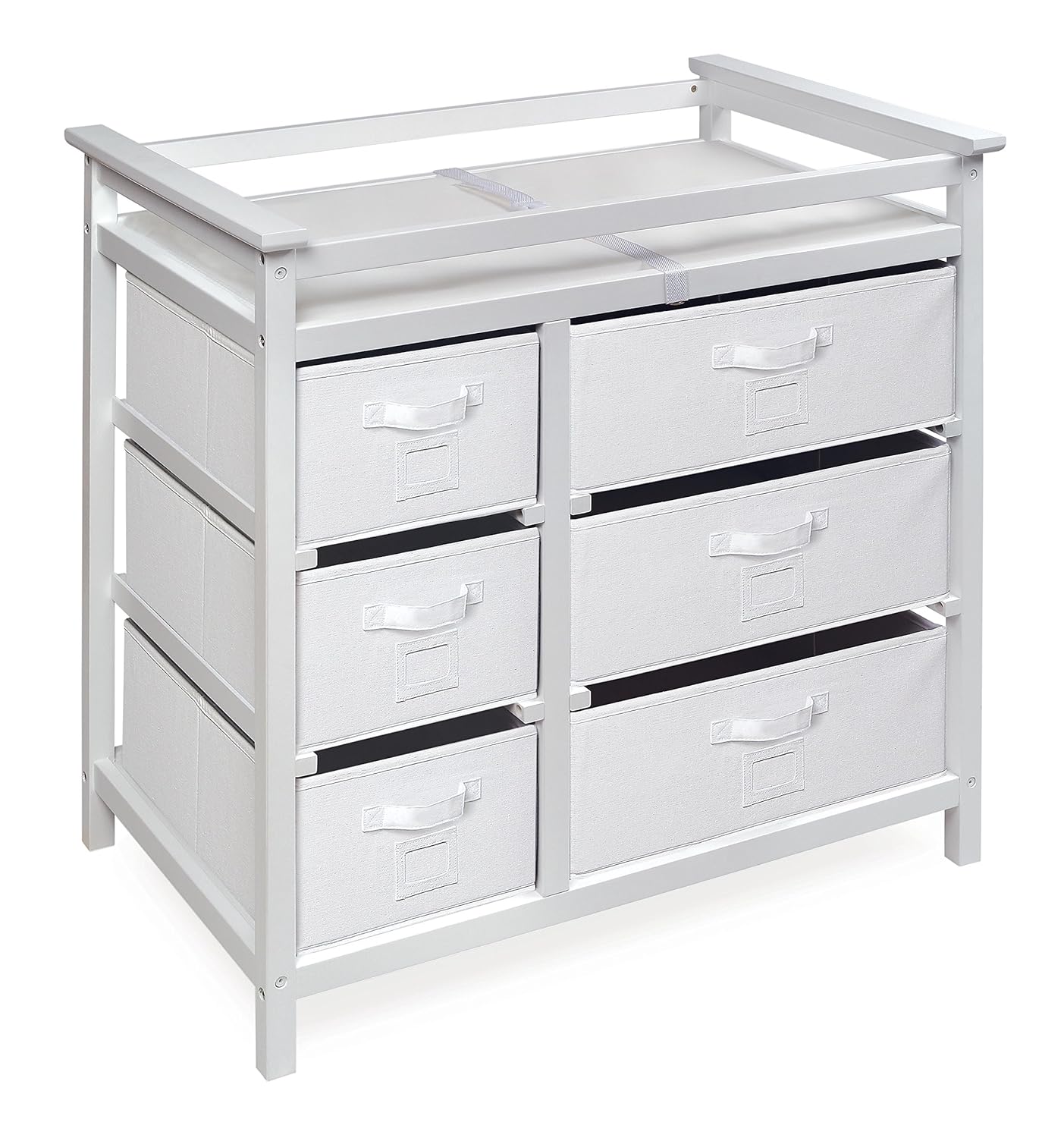Badger Basket Modern Baby Changing Table - Diaper Station Organizer with 6 Storage Drawers, Reversible Baskets, Safety Rails - Baby Nursery Furniture with Changing Pad and Belt - White