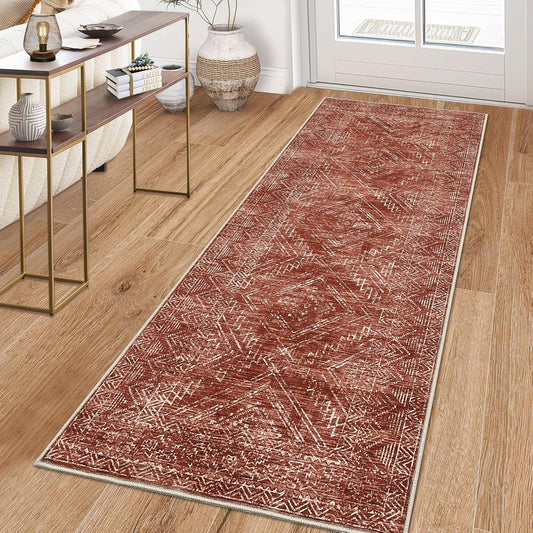 COZYLOOM 2x8 Rug Modern Indoor Area Rug Machine-Washable for Living Room or Bedroom Softness Foldable Carpet for Easy Storage Geometric Design Non Slip Rug Stain Resistant Carpet, Brick Red