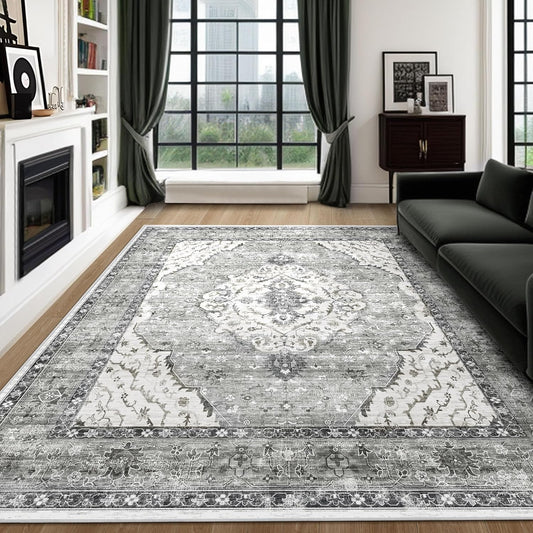Deerly 8x10 Rug for Living Room Boho Washable Rugs Large Non-Slip Distressed Carpet Area Rug Oriental Neutral Print Floor Rug Indoor Stain Resistant Border Grey/Navy