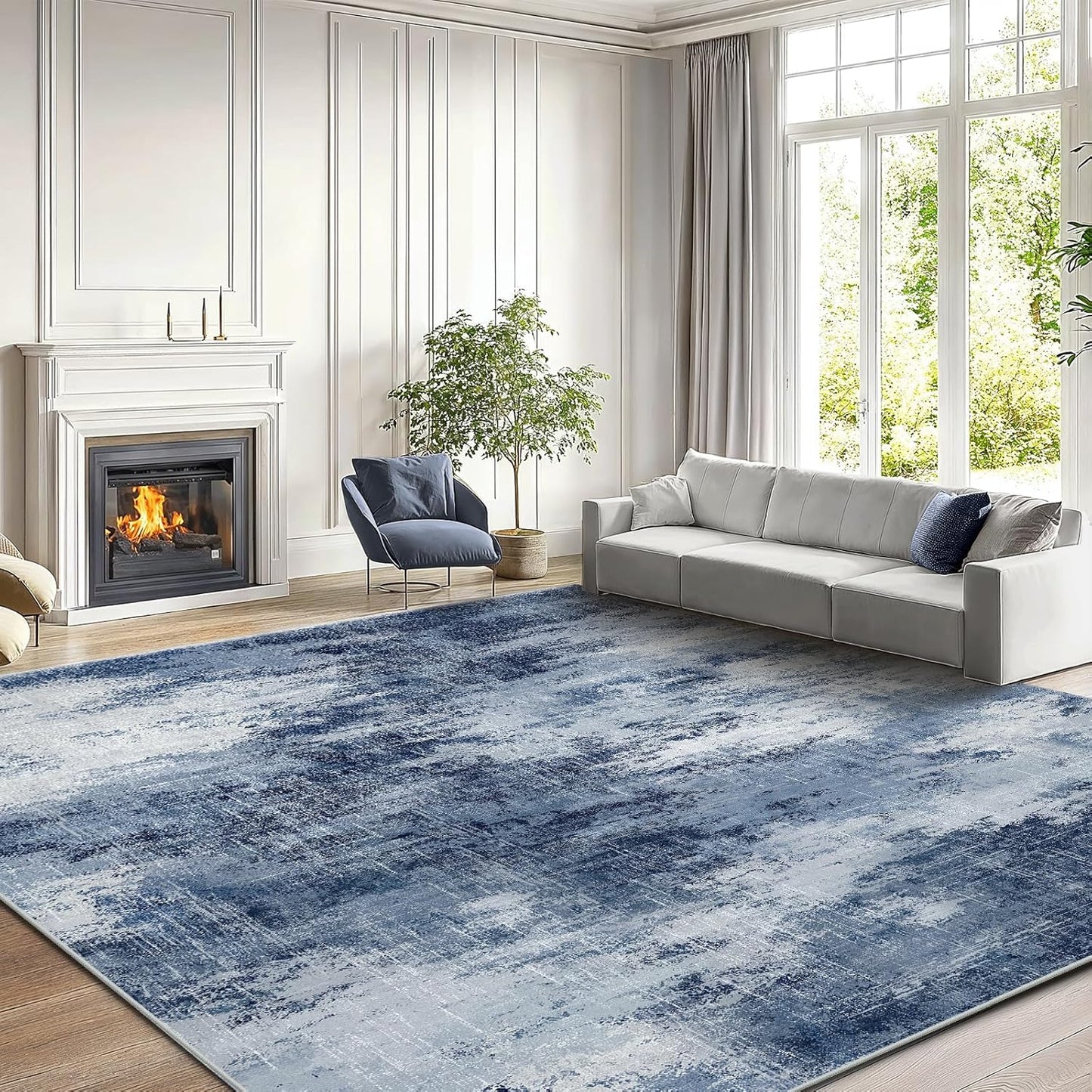 Amada 9x12 Large Area Rugs, Modern Living Room Rugs with Non-Slip Backing & Short Pile, Washable Rug with Abstract Pattern for Living Room, Bedroom and Dinning Room, Dark Blue