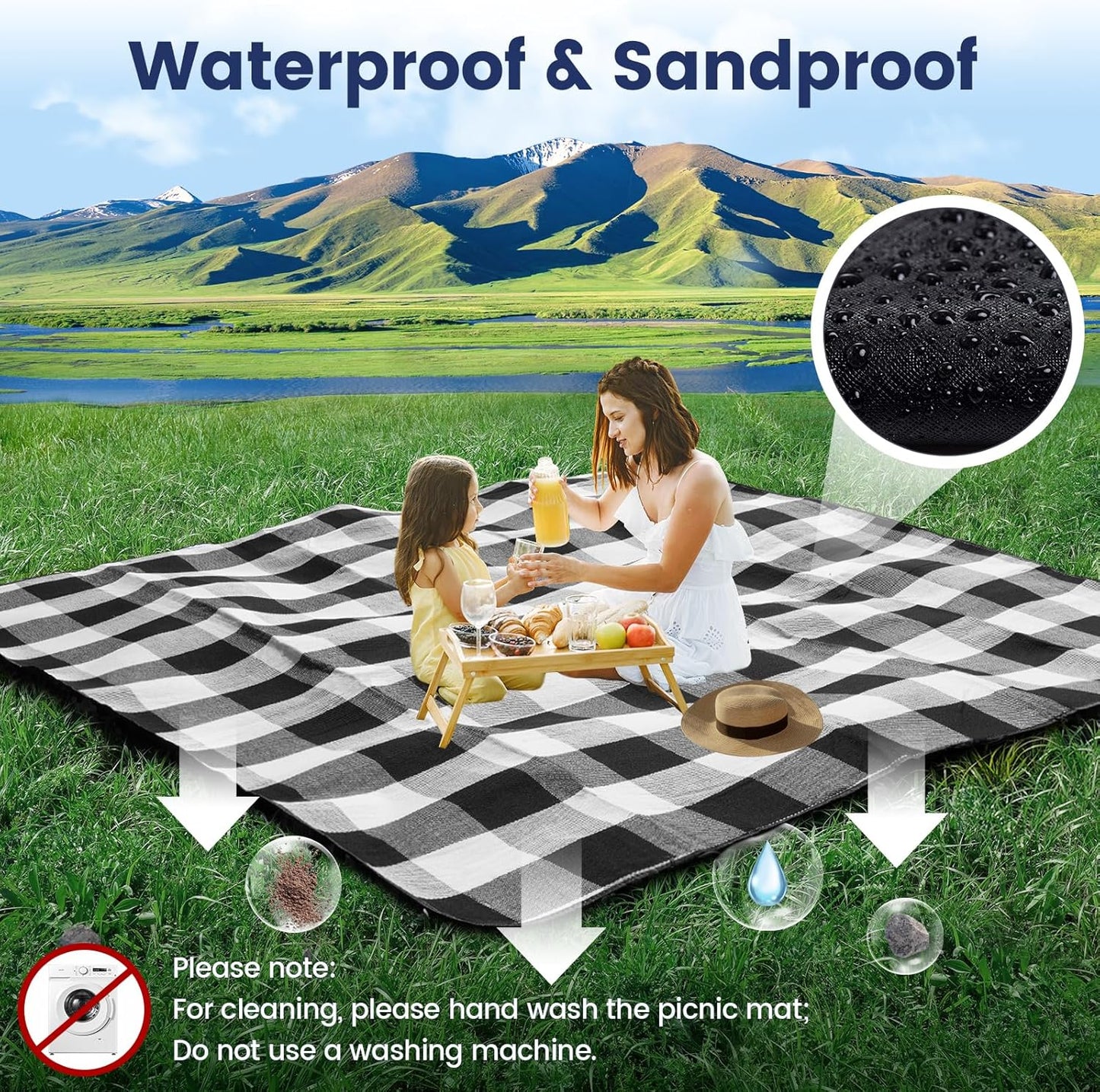 sapsisel 80”x 80” Picnic Blanket Extra Large, Waterproof and Foldable Beach Blanket, 3-Layer Outdoor Blanket for 6 to 8 Adults, for Camping, Park, Beach, Grass, Indoors…