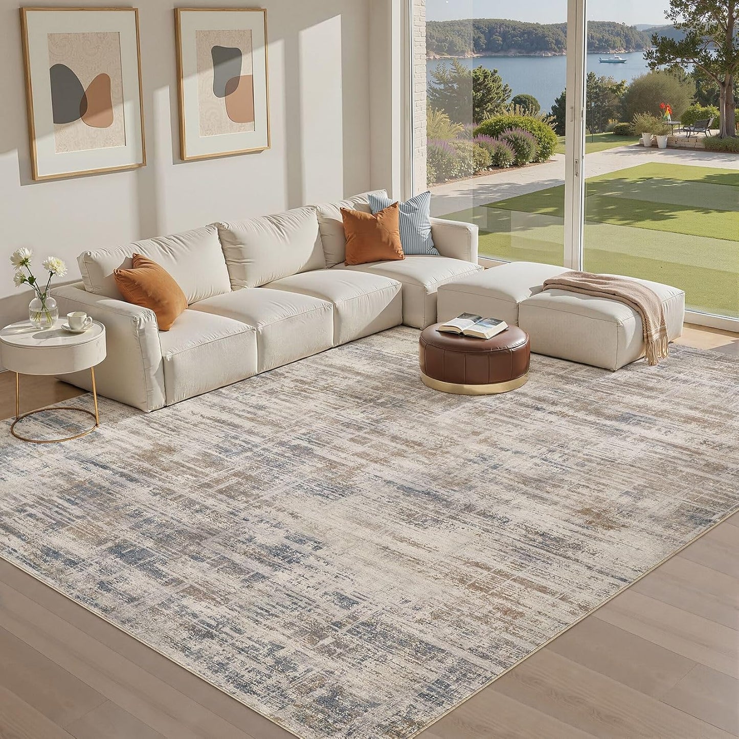 Area Rug for Living Room: 8x10 Washable Neutral Abstract Modern Soft Rugs Non Slip Indoor Floor Stain Resistant Large Carpet for Bedroom Dining Room Office Nursery - Brown