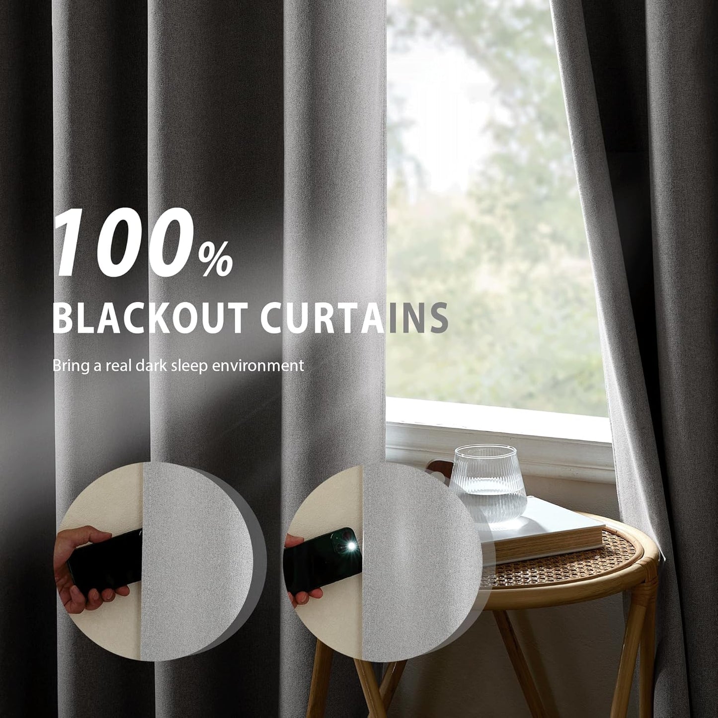 NICETOWN 100% Absolutely Blackout Faux Linen Curtains with Thermal Insulated White Liner, Greyish White, W52, 2 Pieces, Noise Reducing Faux Linen Look Curtains for Windows 90" Length for Classroom