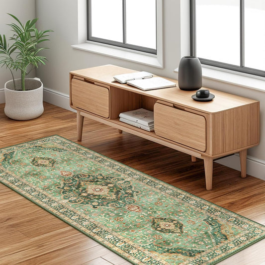 Green Rug 2x5 Runner Rugs Boho Small Washable Area Rugs for Entryway Bathroom Kitchen, Small Rugs Soft Low Pile Non-Slip Rubber Backing Oriental Door Mat