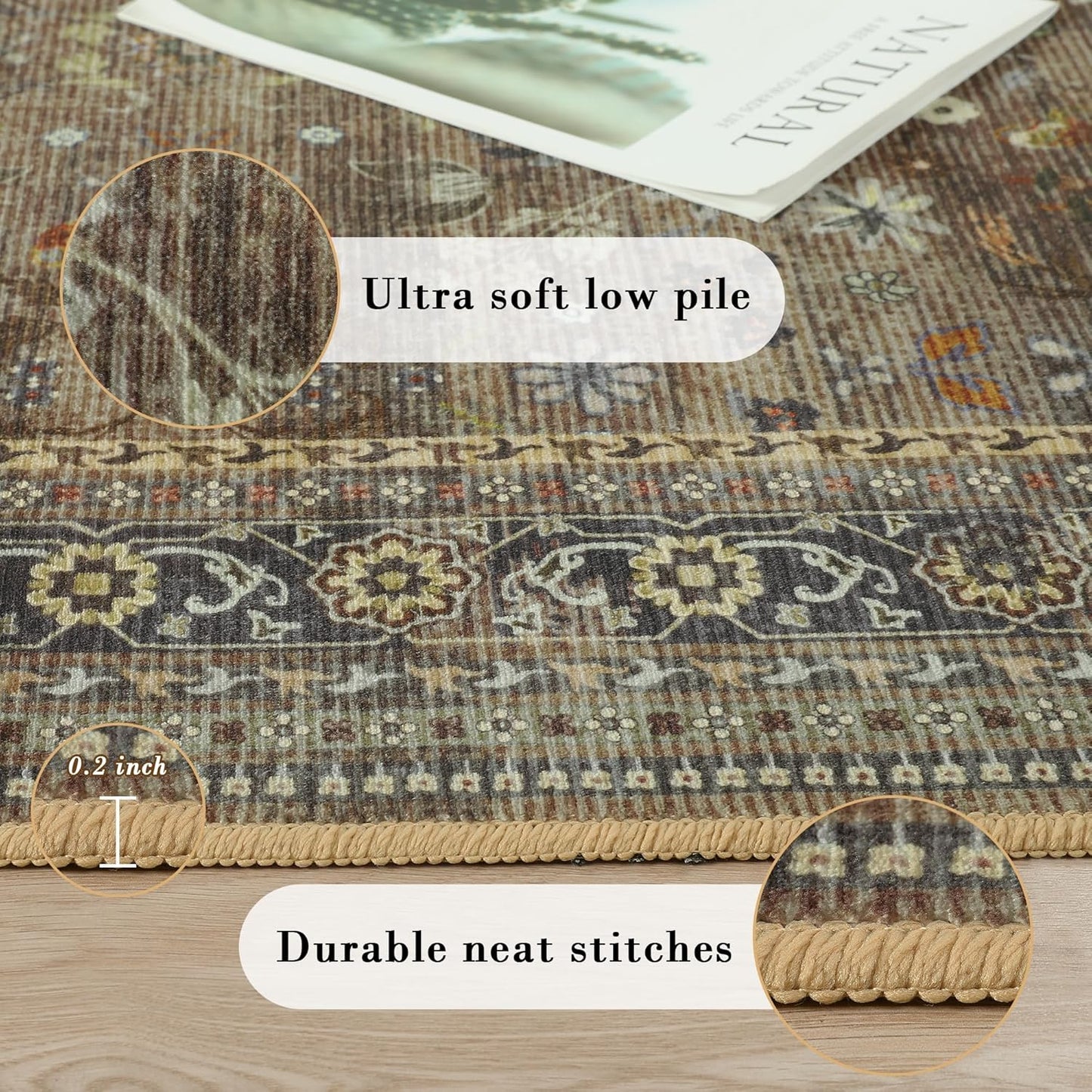 5x7 Machine Washable Area Rug for Living Room Dining Room, Vintage Floral Kitchen Rugs Non Slip, Traditional Indoor Floor Carpet for Bedroom, Farmhouse, Office Classroom Brown/Yellow