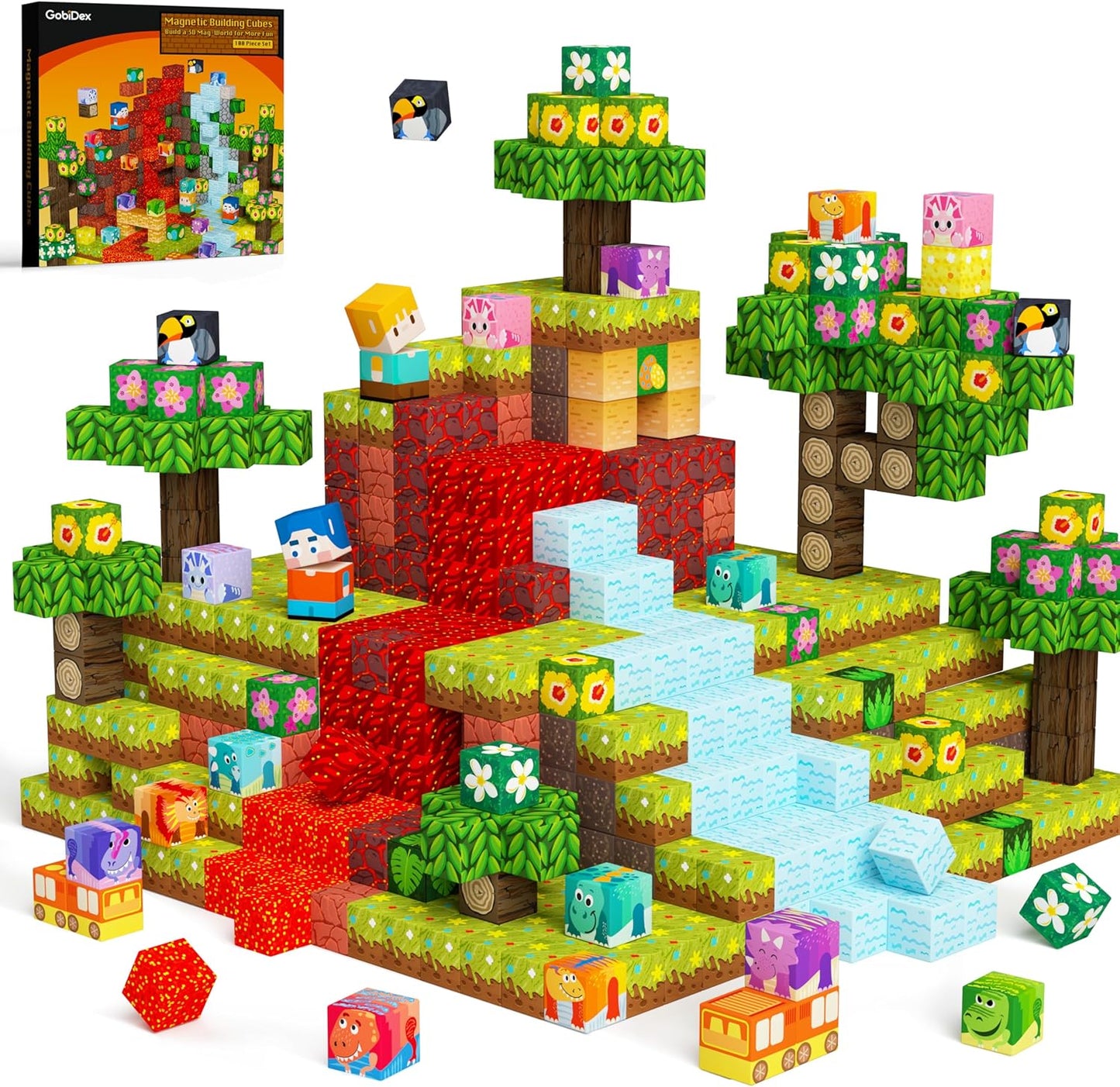 GobiDex 100PCS Magnetic Building Blocks Volcano Dinosaur Set for Toddler, Sensory STEM Toys for Kids Ages 3-5 5-7 4-8, Birthday Gifts for 3+ Year Old Boys Girls Kids