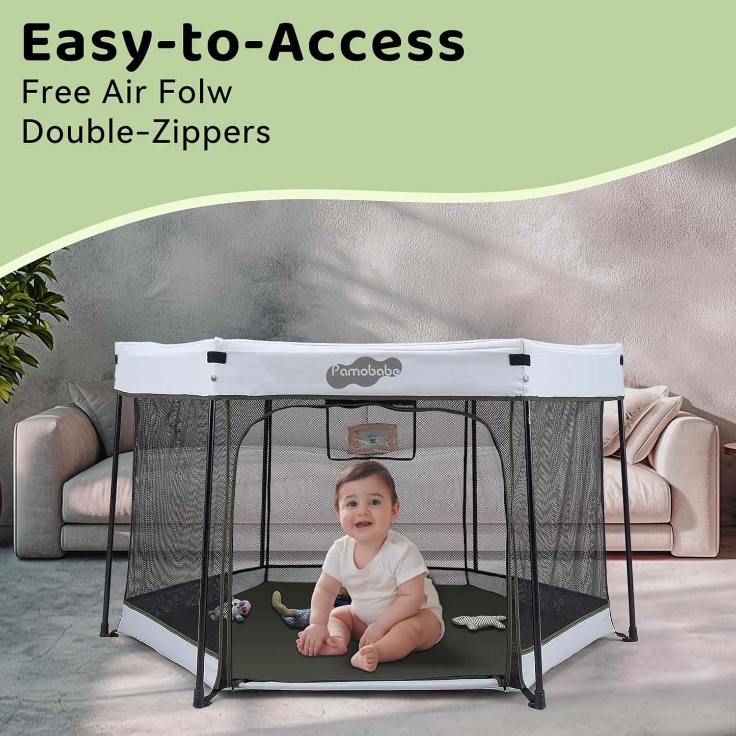 Pamo Babe Baby Playpen with Sun Protection Canopy - Indoor & Outdoor Play Yard for Babies and Toddlers - Baby Tent with Zipper Door