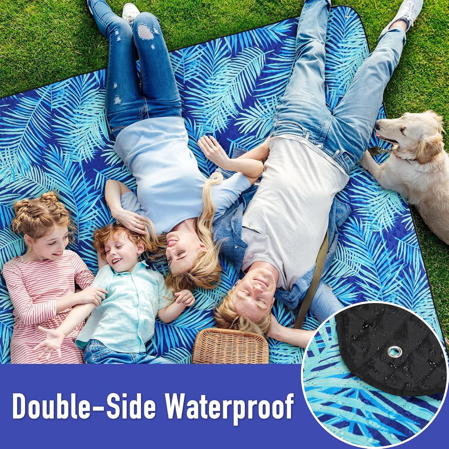 PY SUPER MODE Picnic Blankets Extra Large, Waterproof Foldable Outdoor Beach Blanket Oversized 83x79” Sandproof, 3-Layer Picnic Mat for Camping, Hiking, Travel, Park, Concerts(Blue Leaves)