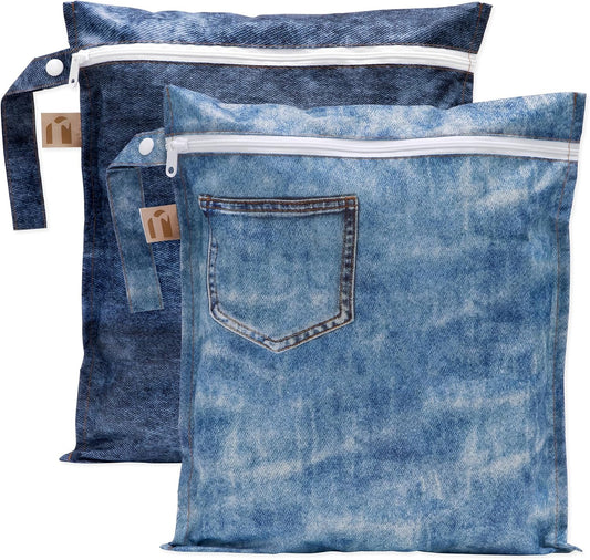 Bumkins Roamio - Waterproof Wet Bag - For Baby, Travel, Swim Suit, Cloth Diapers, Pump Parts, Pool, Gym, Toiletry, Strap to Stroller - Reusable & Easy to Clean - 2pk - Faux Pocket Patch Denim