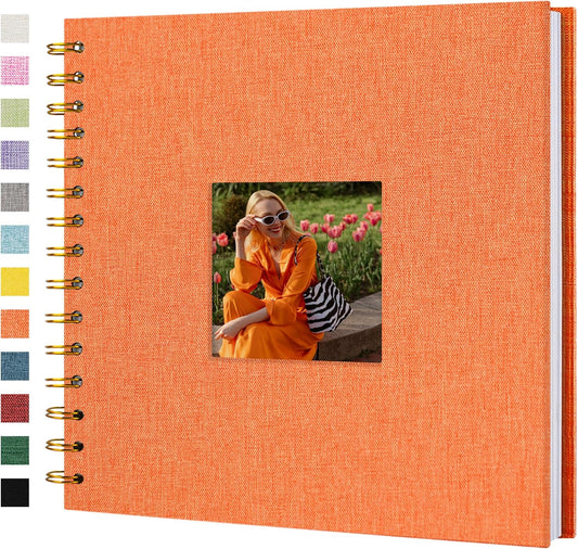 Scrapbook Photo Album Linen Cover, 8 x 8 Inch Hardcover Kraft White Pages Memory Book, for Travel Wedding Guest Book Christmas Baby Shower (20 Sheets/ 40 Pages,Orange)
