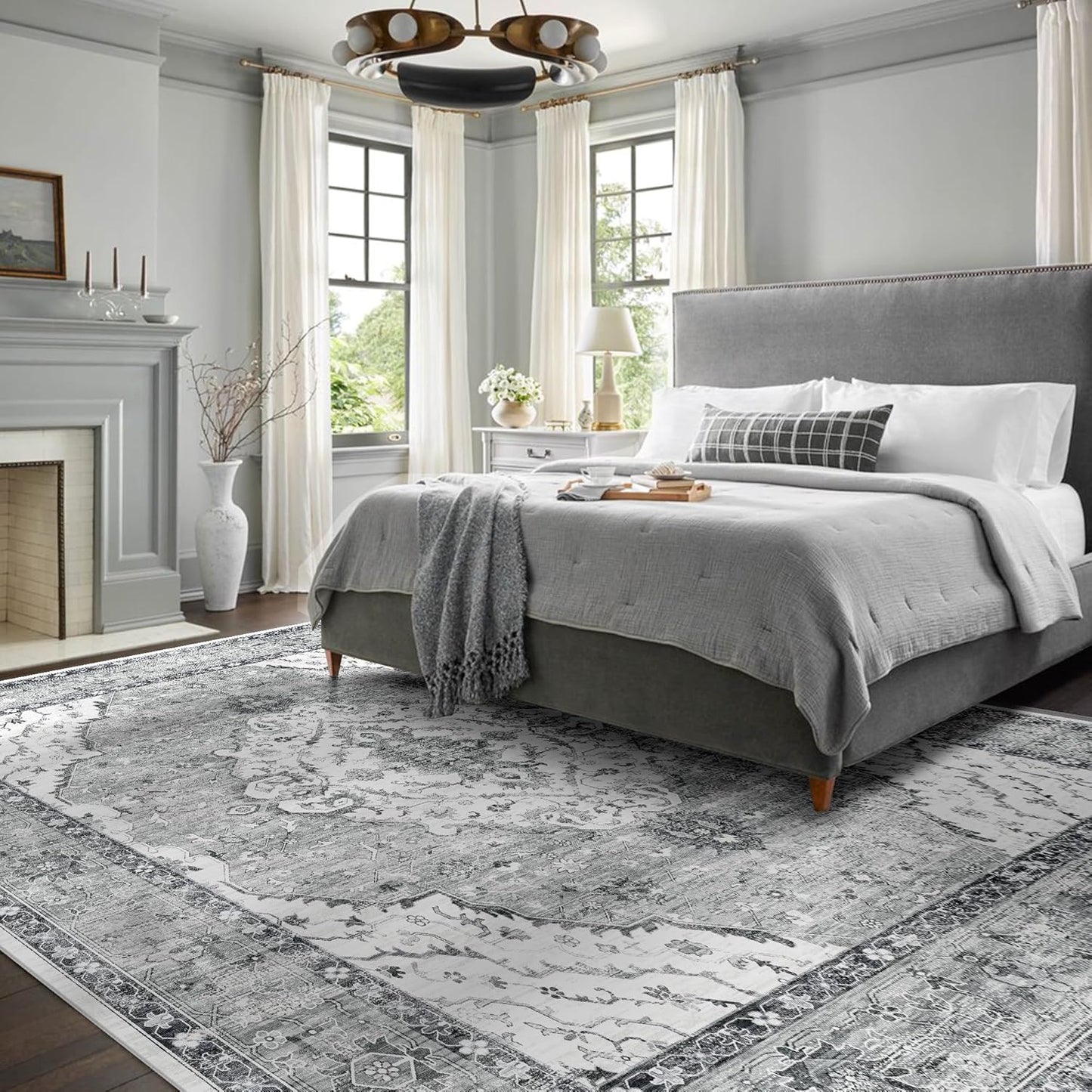 Deerly 8x10 Rug for Living Room Boho Washable Rugs Large Non-Slip Distressed Carpet Area Rug Oriental Neutral Print Floor Rug Indoor Stain Resistant Border Grey/Navy