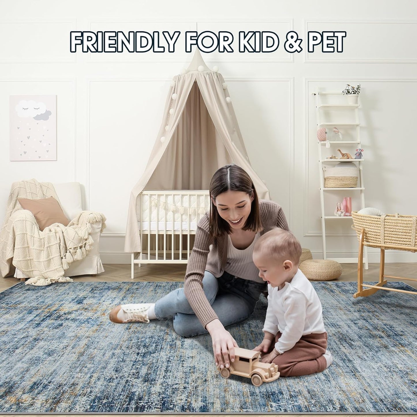 Area Rug 5x7 Living Room Rugs: Abstract Large Washable Rugs with Non-Slip Backing, Thin Carpet for Dining Room Table Bedroom Nursery Indoor Home Office-Blue/Brown