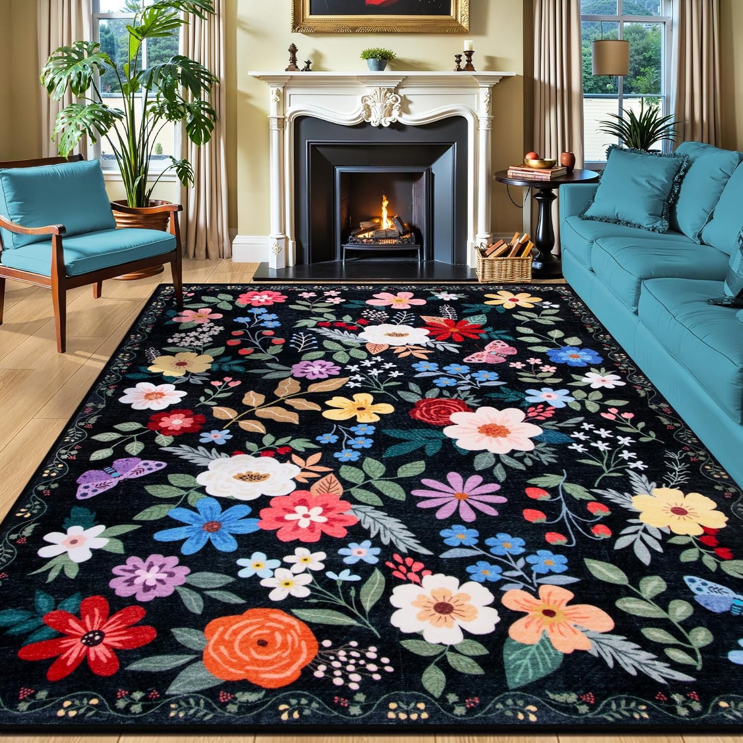 Area Rugs 9x12 Living Room: Floral Washable Rug Vintage Large Soft Boho Non-Slip Carpet Indoor Floor Stain Resistant Low Pile Carpets for Bedroom Dining Room Farmhouse Nursery Home Office Black