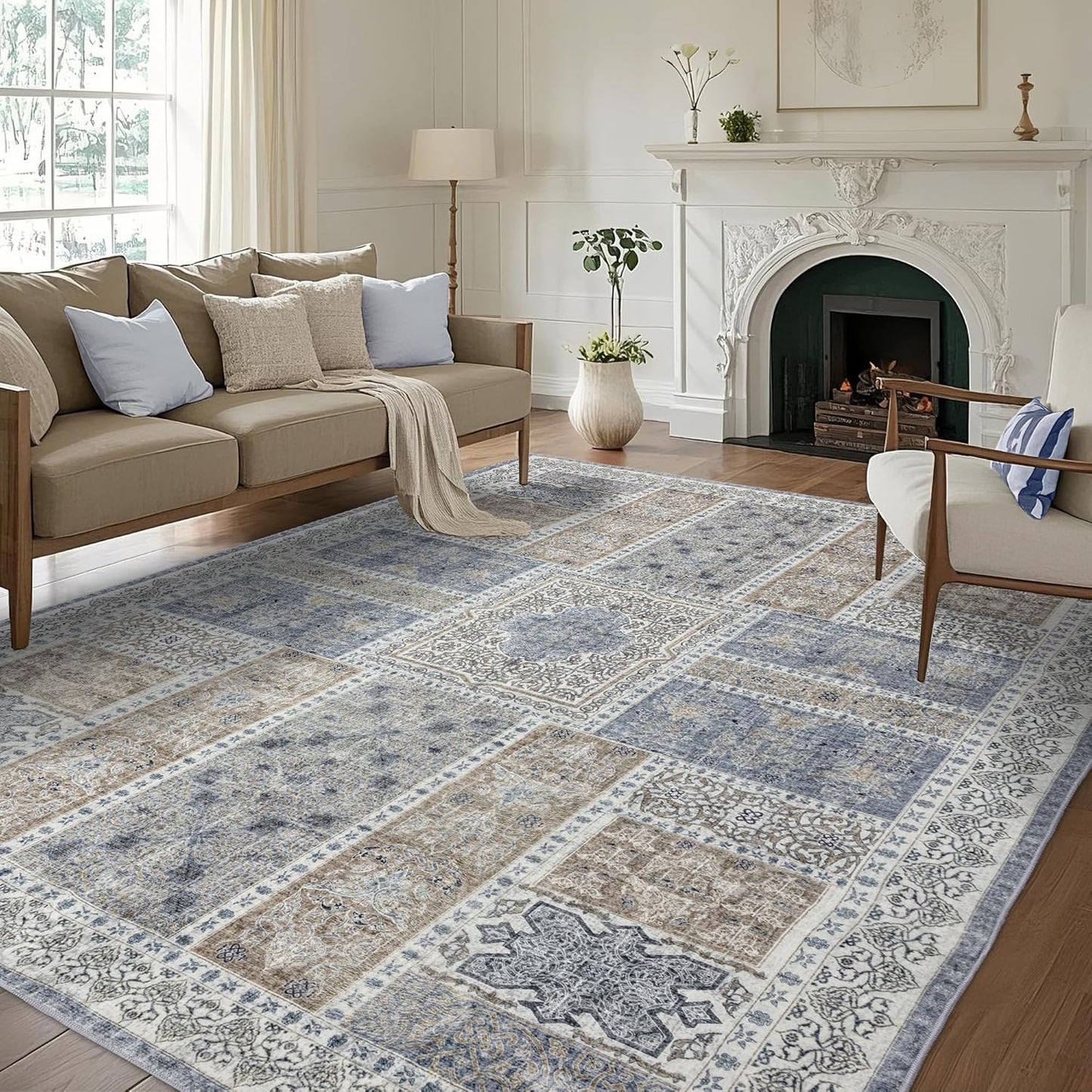 9x12 Area Rug Washable: Oriental Soft Area Rug for Living Room Bedroom No Shedding - Low Pile Thin Carpet Rug for Dining Room Non Slip - Boho Vintage Rug for Home Decor - Blue Grey
