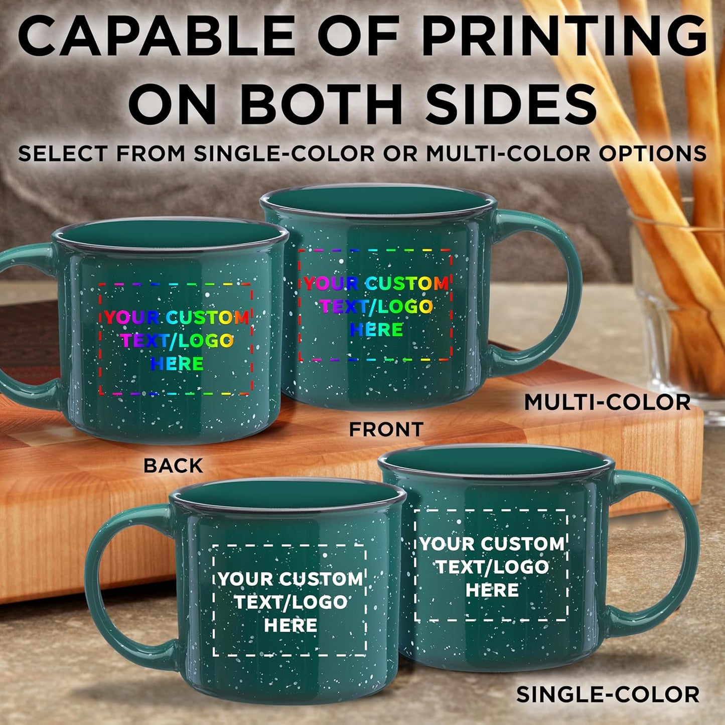 DISCOUNT PROMOS Custom Ceramic Campfire Coffee Mugs 13 oz. Set of 10, Personalized Bulk Pack - Perfect for Tea, Espresso, Cappuccino, Hot Cocoa - Green
