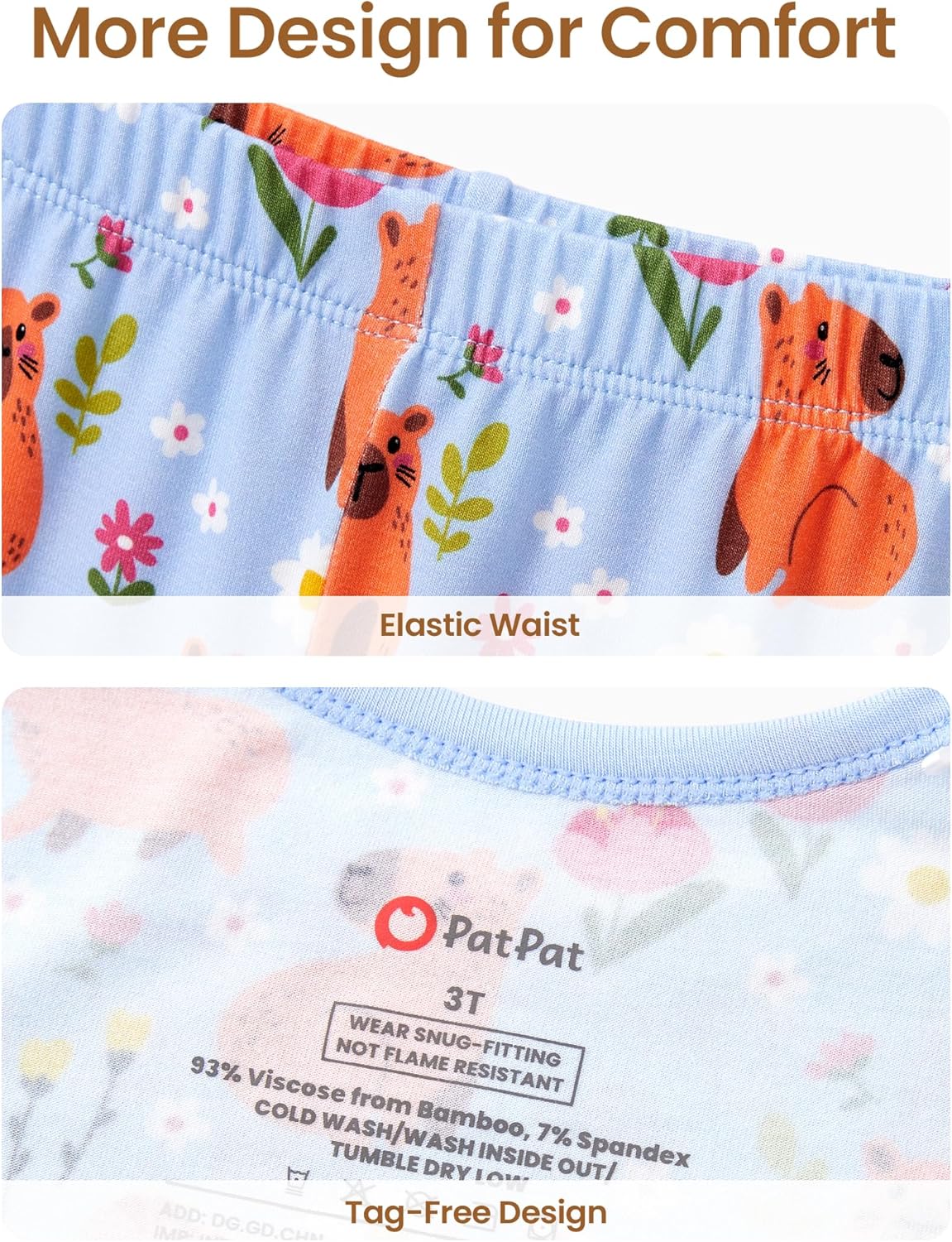 PATPAT Bamboo Viscose Pajama Set for Toddlers with Improved Tensile Strength, Snug Fit Pjs Sleeper for Baby Boys Girls Kids