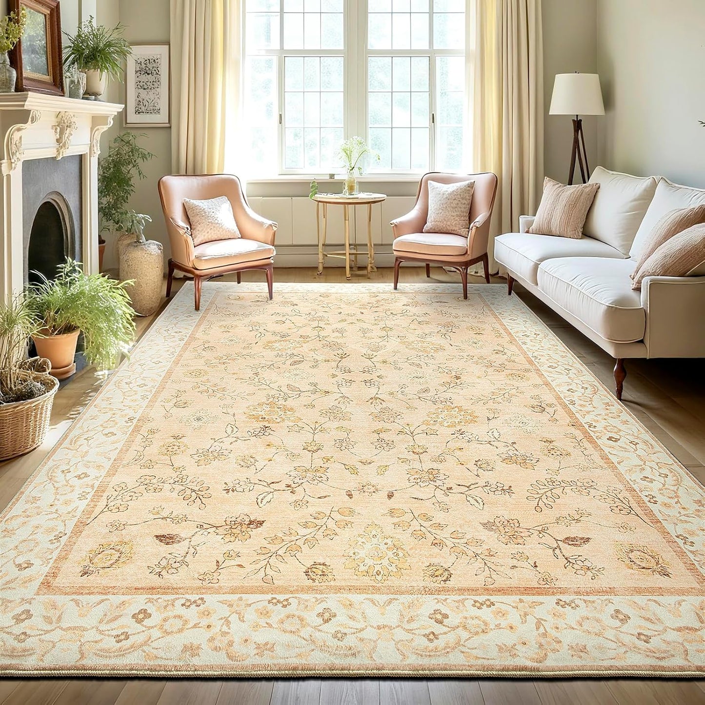LOCHAS Washable Area Rugs 8x10, Peach Floral Rug for Living Room Bedroom Non Slip, Ultra Soft Vintage Indoor Carpet for Kids, Nursery, Dorm, Dining Room, Classroom, Boho Flower Home Decor, Low-Pile
