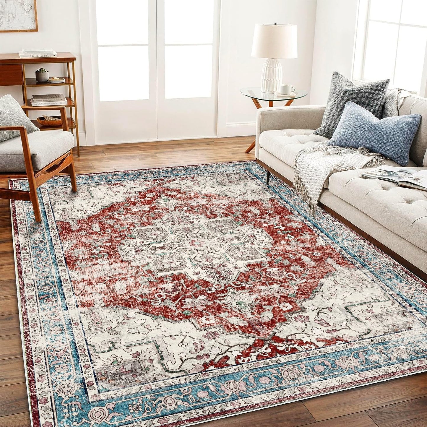 Washable Area Rug 10'x14' Red Blue Retro Flowers Boho Design Non-Shedding Easy Care Ideal for High Traffic Areas in Living Room Bedroom Office Coffee Table Kitchen Large Carpet