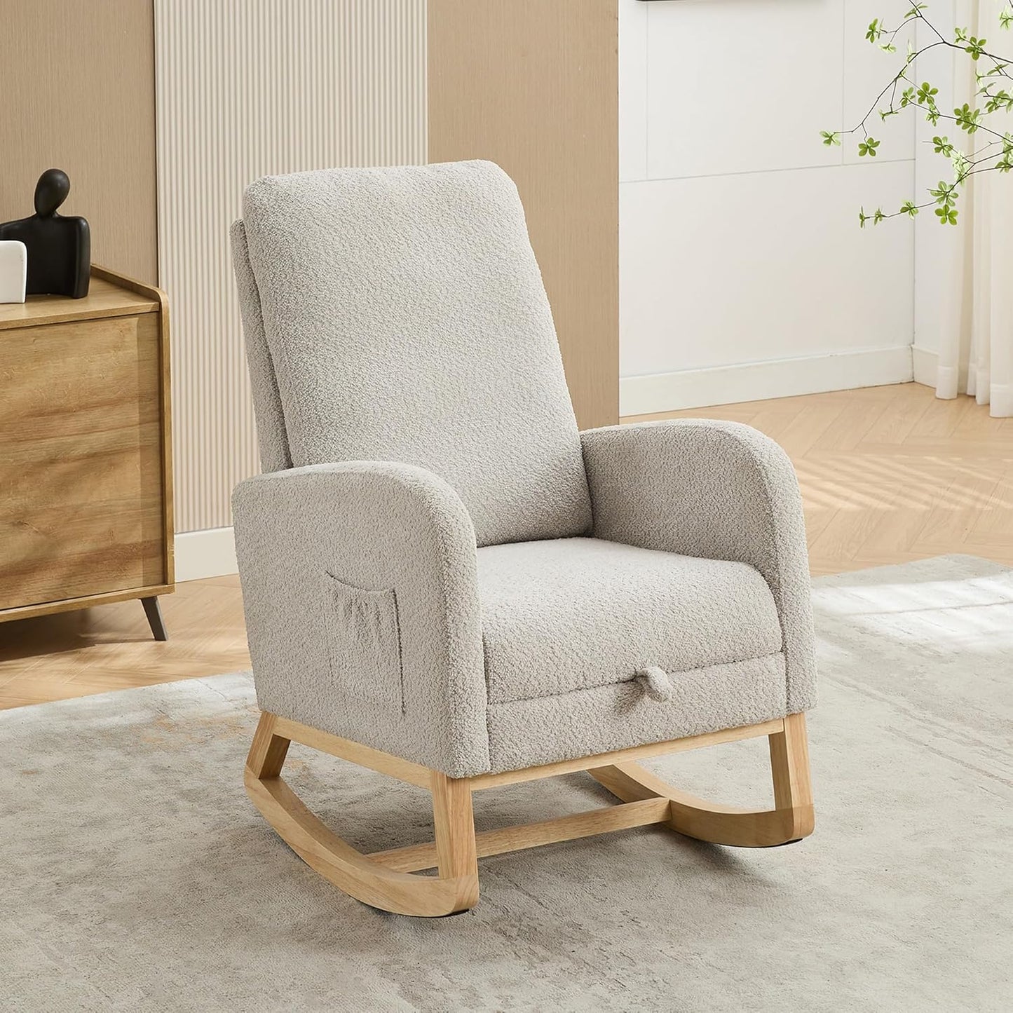 Nursery Rocking Chair with Foot Rest, Upholstered Glider Chair with Two Side Pockets, High Back Nursing Chair, Rocker Accent Armchair for Bedroom Living Room (Light Gray)