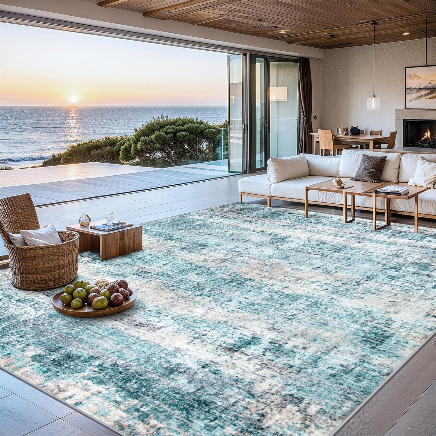 Area Rugs 10x12 Living Room - Washable Rug Modern Abstract Soft Large Neutral Non-Slip Carpet Indoor Floor Thin Carpets for Bedroom Dining Room Farmhouse Nursery Home Office Green