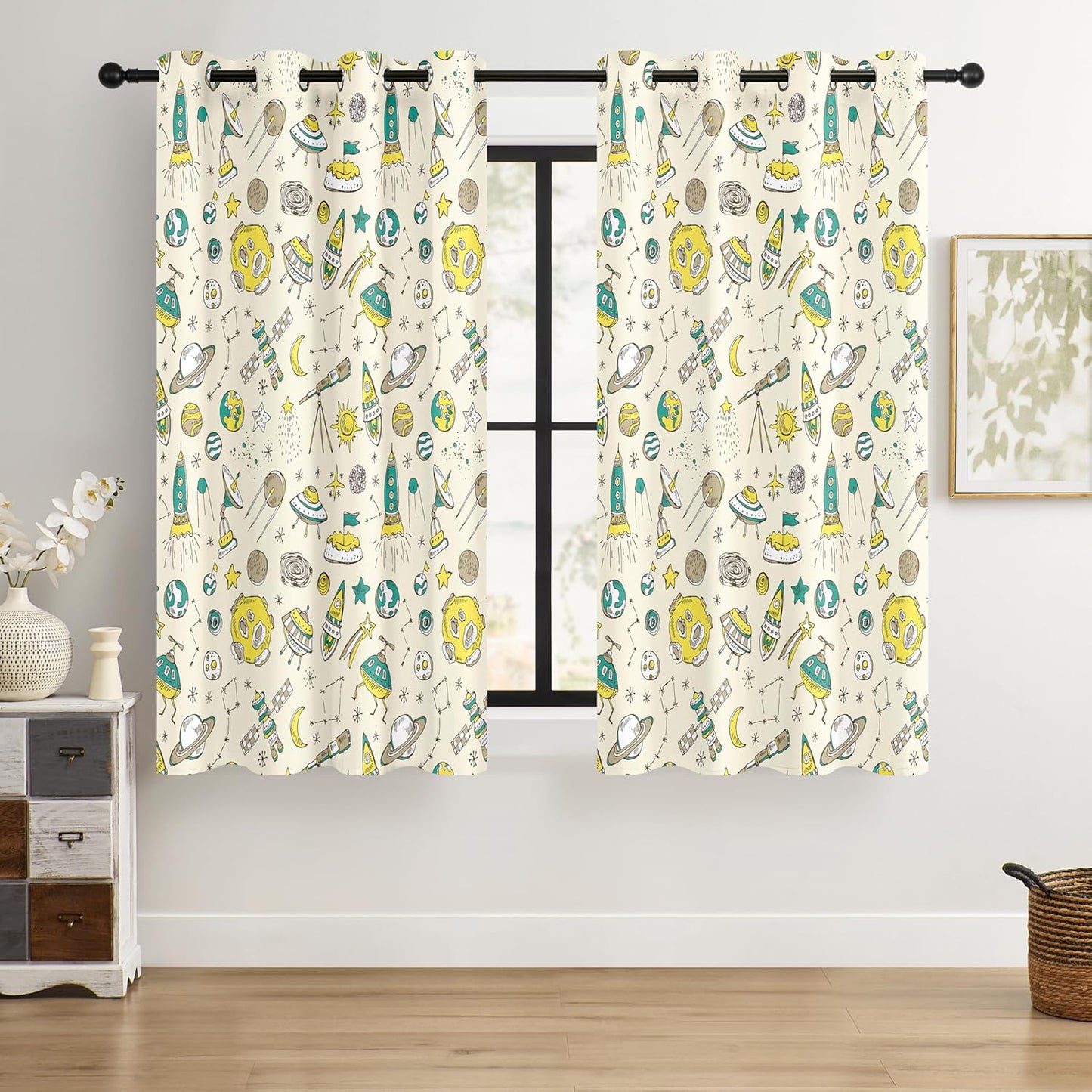 Kids Space UFO and Rocket Blackout Curtains - 100% Blackout, Thermal Insulated, Noise Reducing, Perfect for Kids Room and Nursery, 2 Panels (Space Explorer Sketchbook, W52×L63)